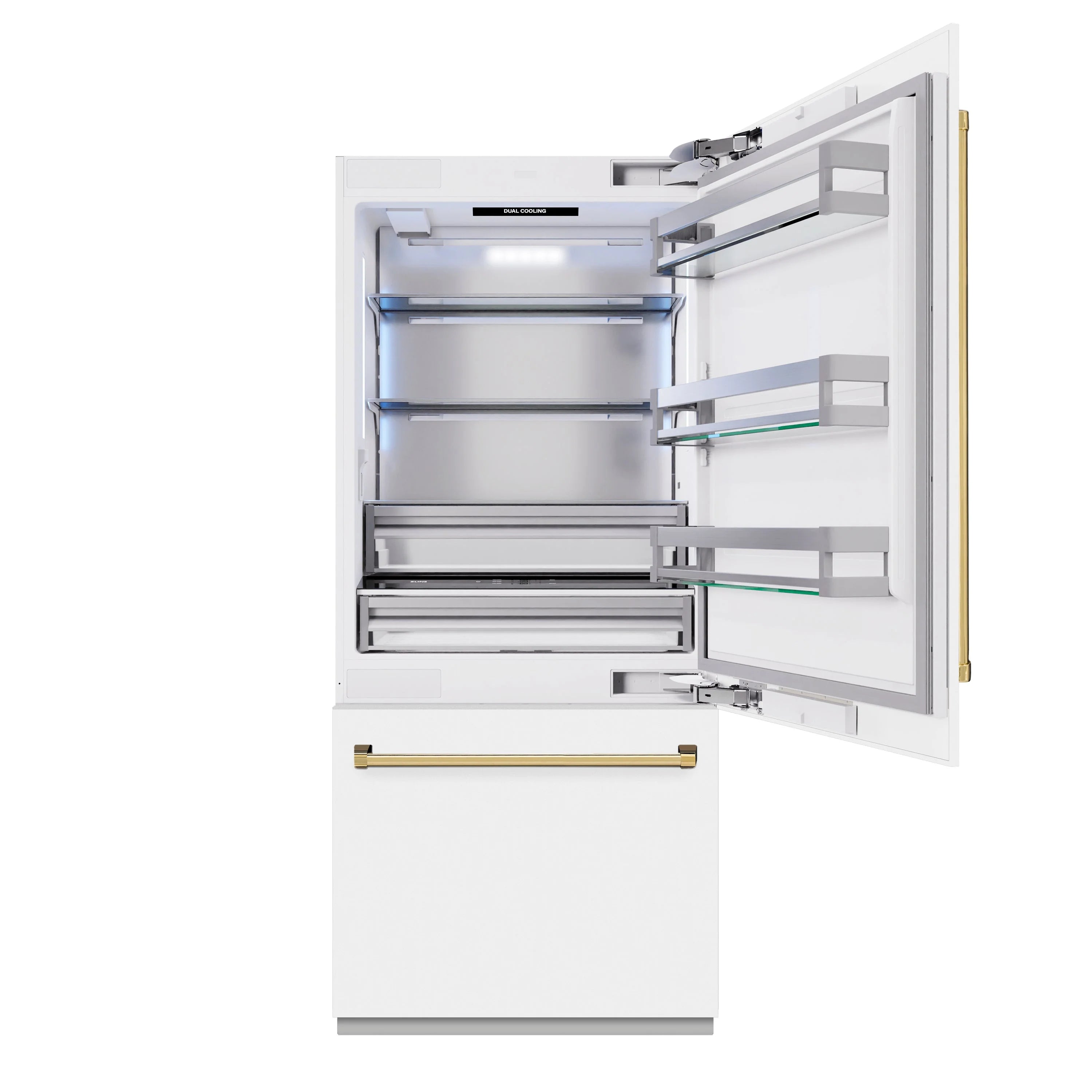 White bottom freezer refrigerator open interior with freezer drawers and storage shelves