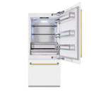 ZLINE Autograph Edition 36-Inch 19.8 Cu. Ft. Built-In Bottom Freezer Refrigerator with Water Dispenser and Ice Maker in White Matte and Polished Gold Accents (RBITZ-WM-36-G)