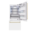 ZLINE Autograph Edition 36-Inch 19.8 Cu. Ft. Built-In Bottom Freezer Refrigerator with Water Dispenser and Ice Maker in White Matte and Polished Gold Accents (RBITZ-WM-36-G)