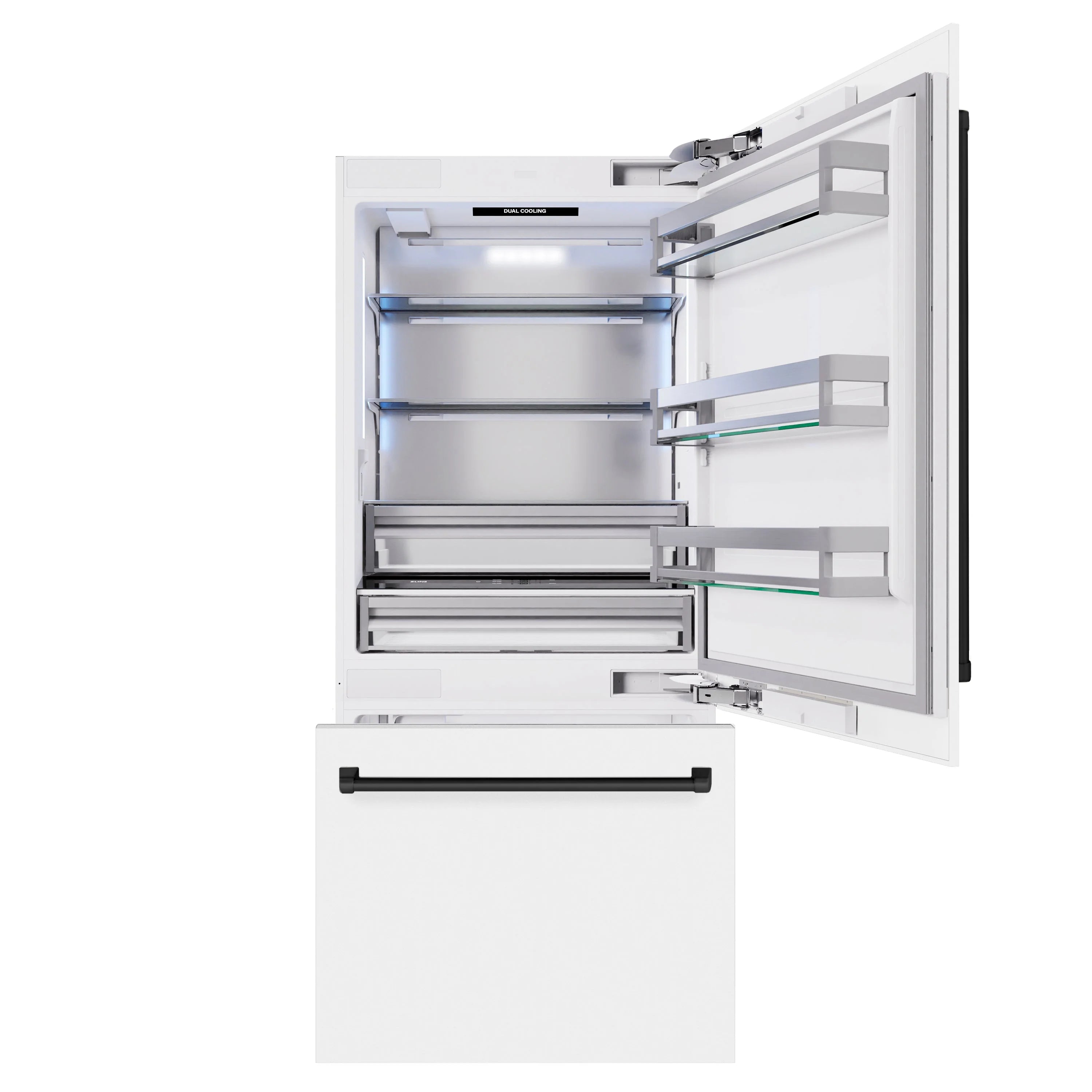 Open white fridge with freezer drawer extended and refrigerator shelves with bins