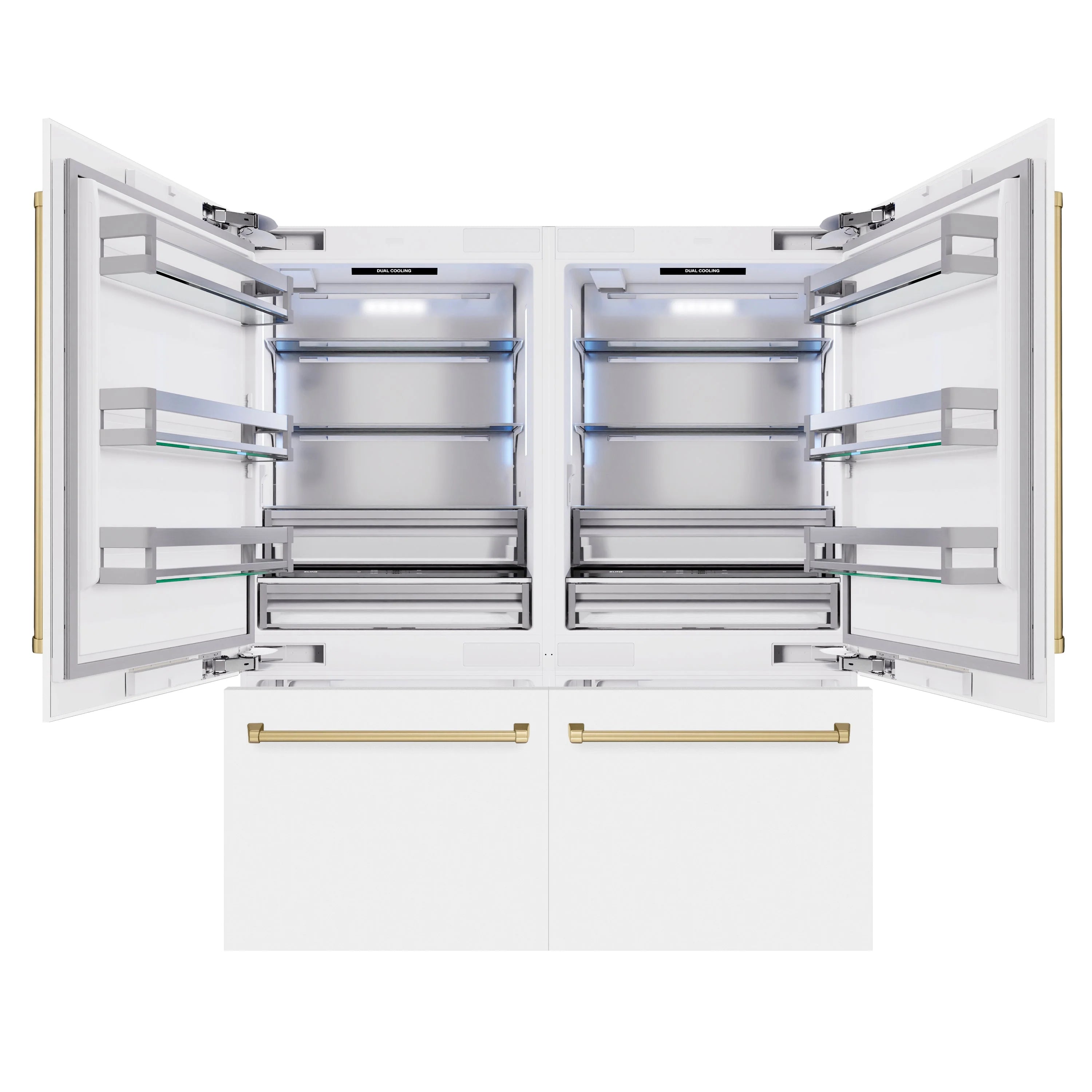 French door refrigerator interior view with multiple shelves and door bins on both sides