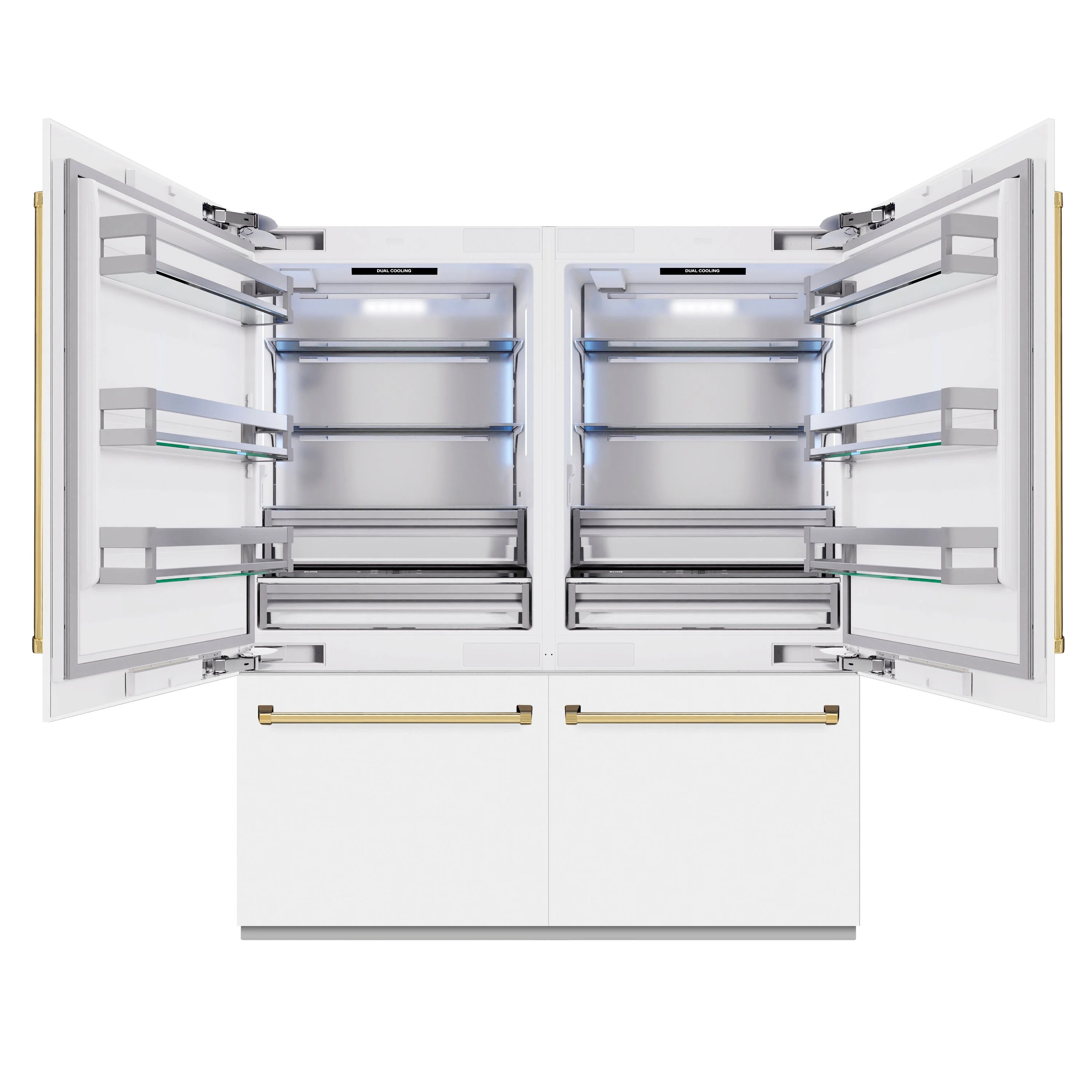Open French door refrigerator showing fresh food shelves and drawers