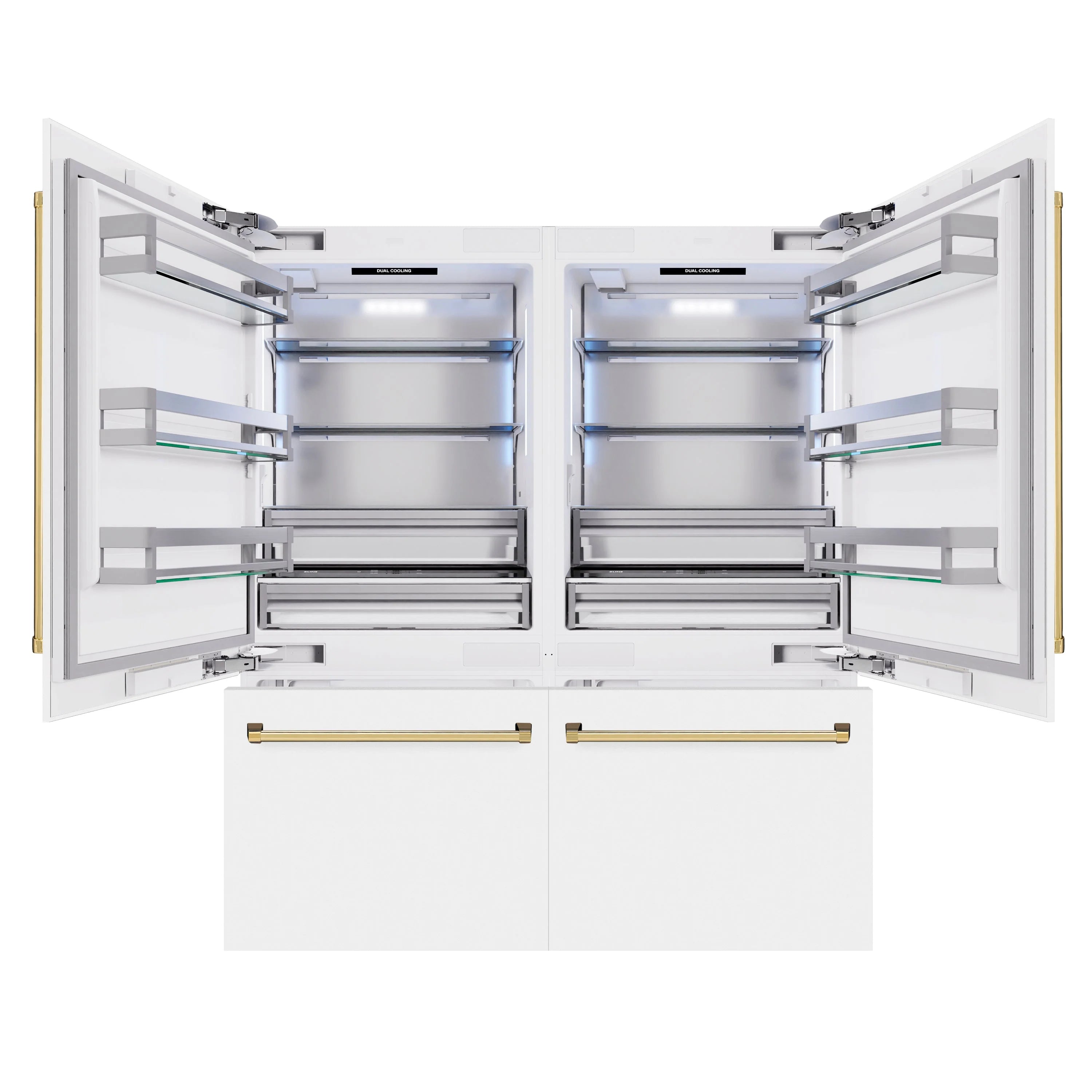 Open refrigerator interior with door bins, shelves, and central divider