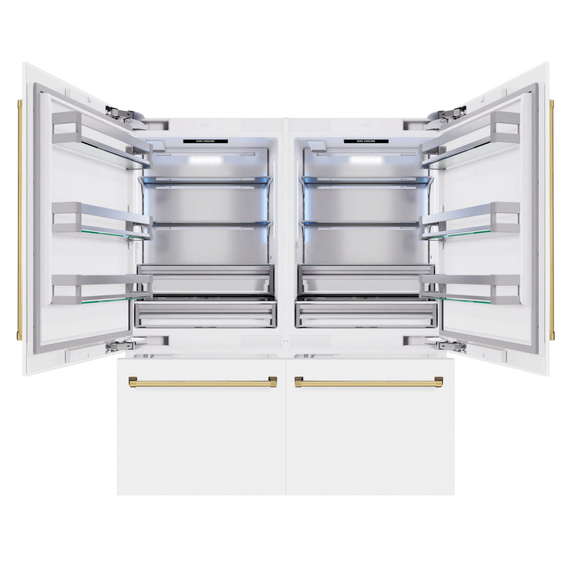 ZLINE Autograph Edition 72-Inch 39.6 Cu. Ft. French Door Built-In Bottom Freezer Refrigerator with Water Dispensers and Ice Makers in White Matte and Polished Gold Accents (RBITZ-WM-72-G)