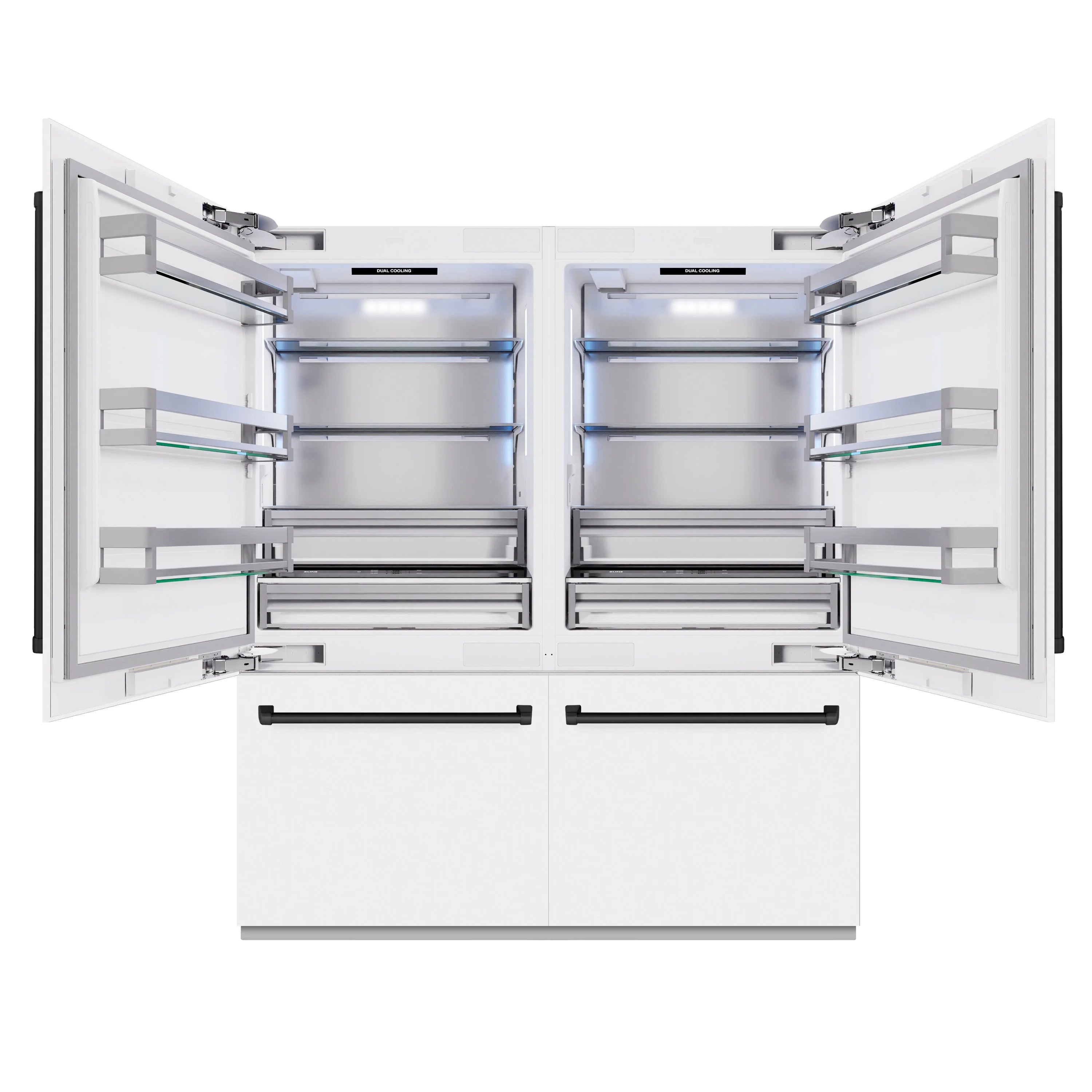 Open French door refrigerator with adjustable glass shelves and interior lighting