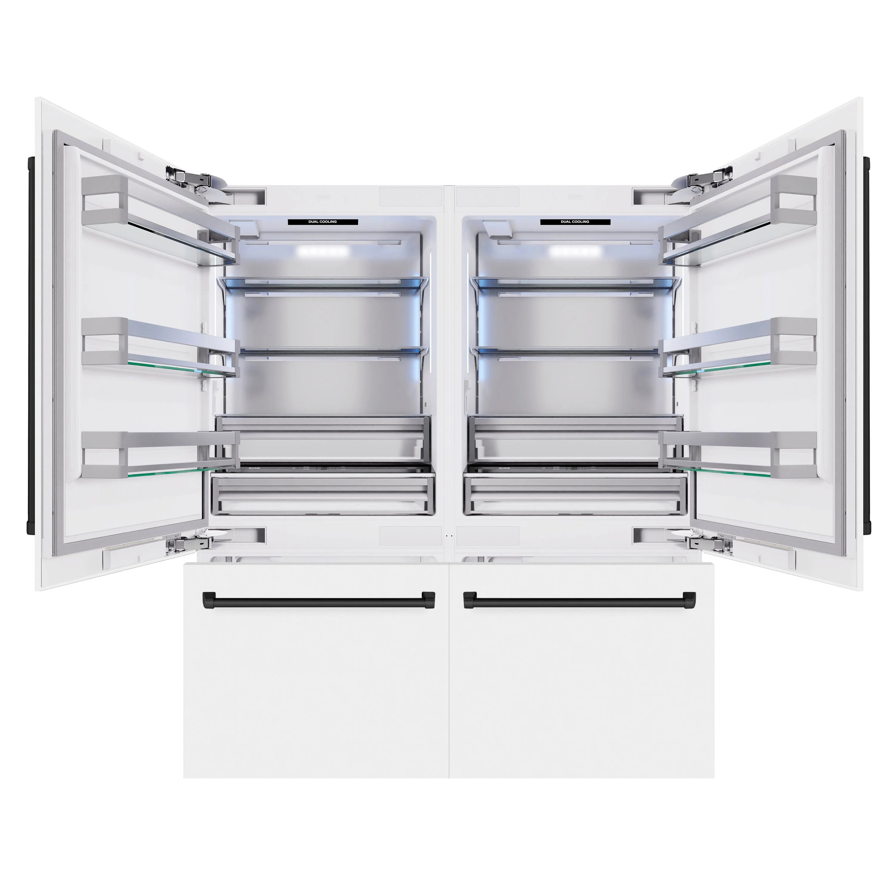Open French door refrigerator interior with shelves and door bins