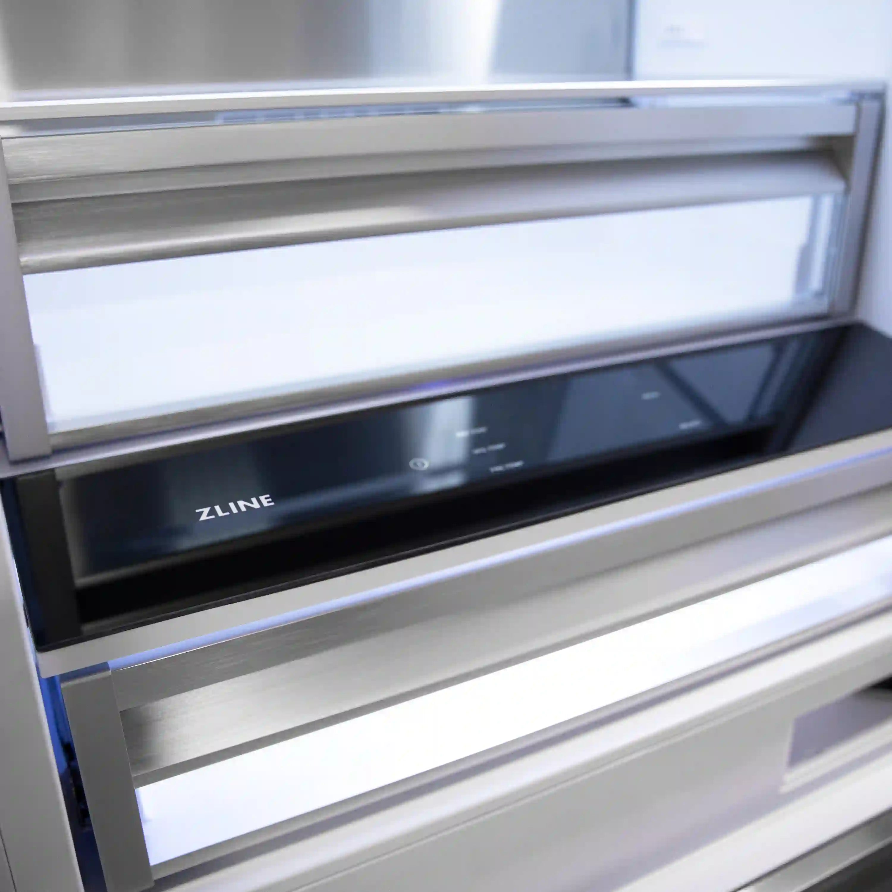 Built-in bottom freezer refrigerator door with white matte finish and black control panel