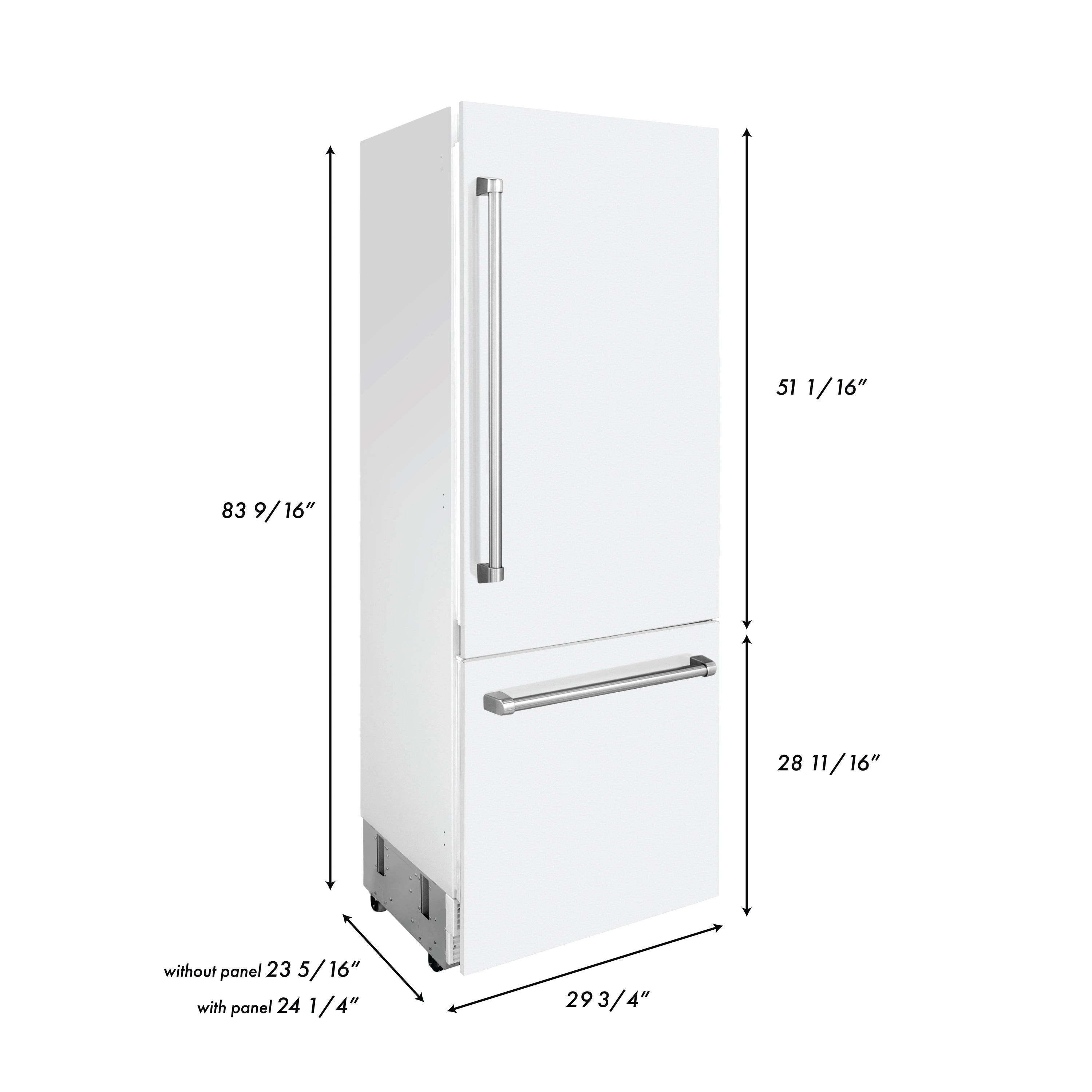 White built-in bottom freezer refrigerator side-view with height and width dimensions