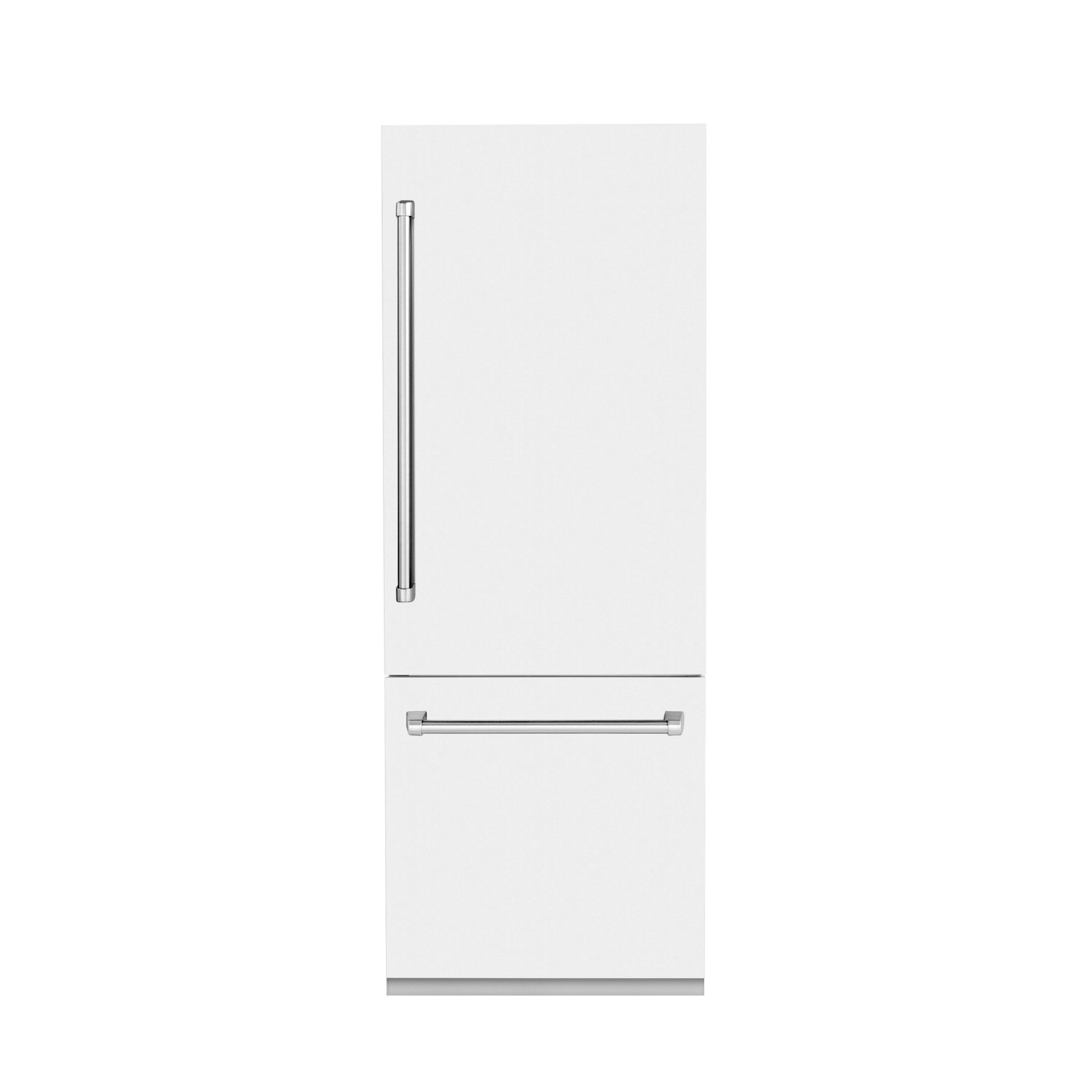 White matte built-in bottom freezer refrigerator with 2 doors and long bar handles