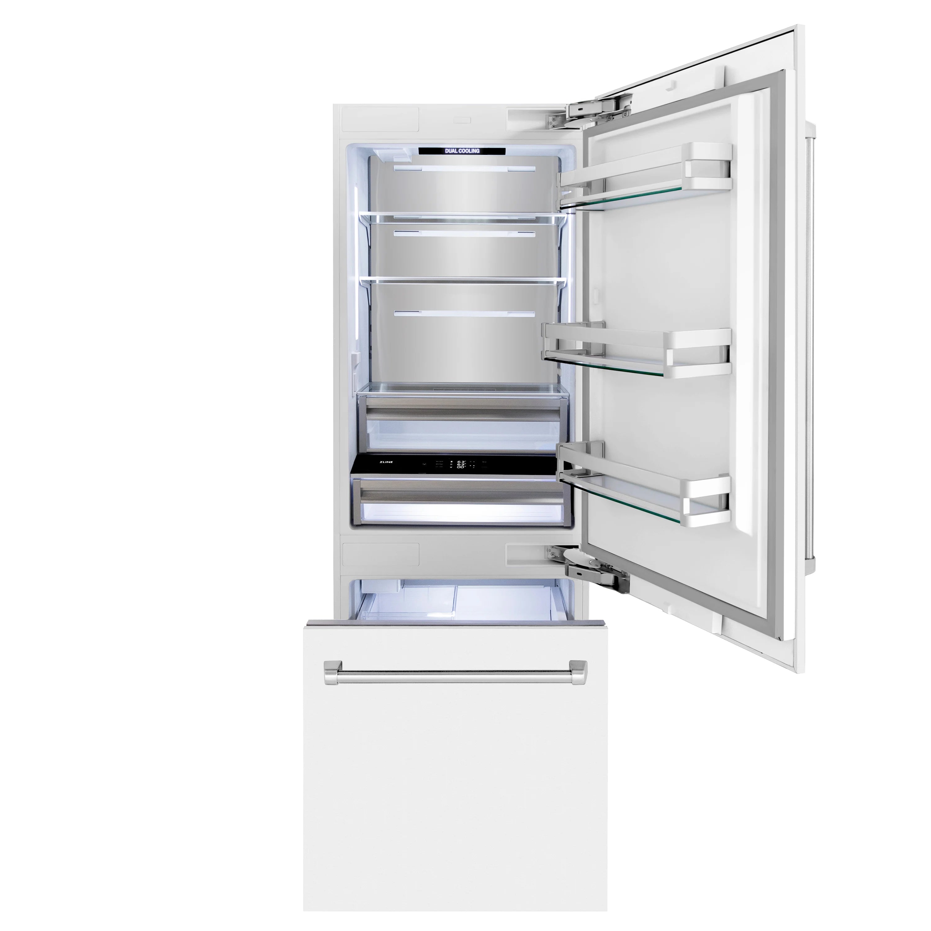 White matte bottom freezer refrigerator with open doors, showing shelves, bins, and freezer drawers