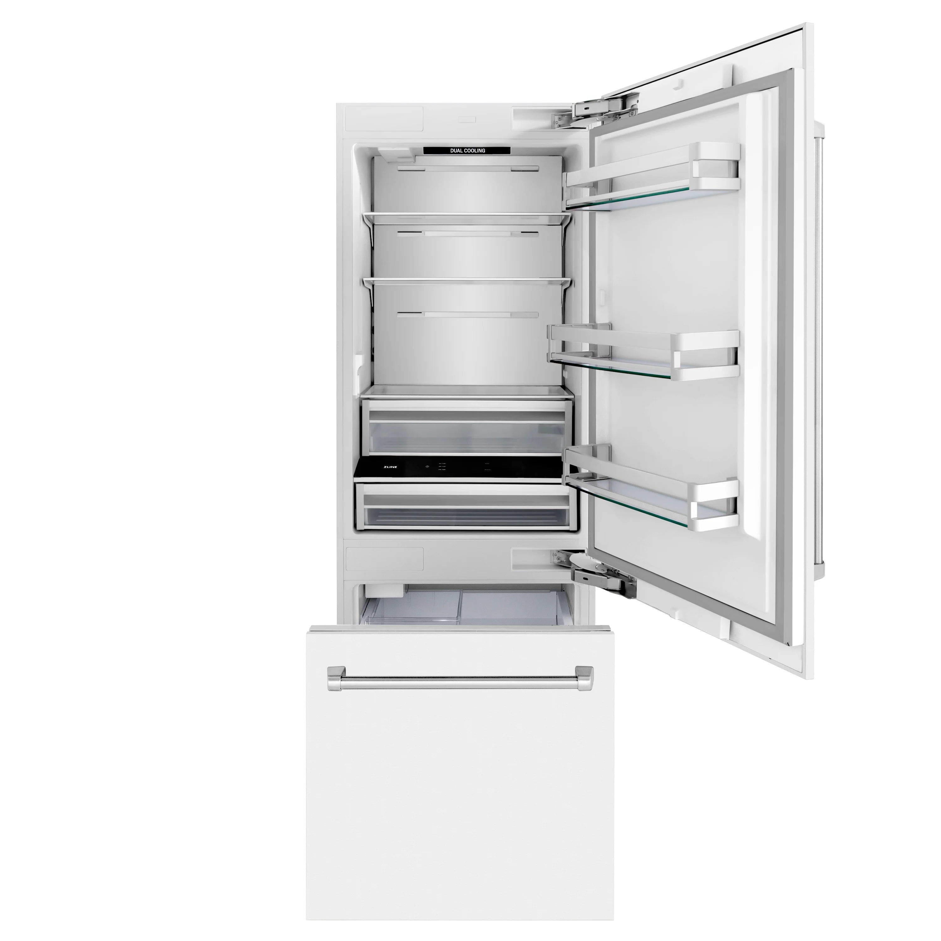 White matte bottom freezer refrigerator with open door, showing freezer drawers and interior shelves
