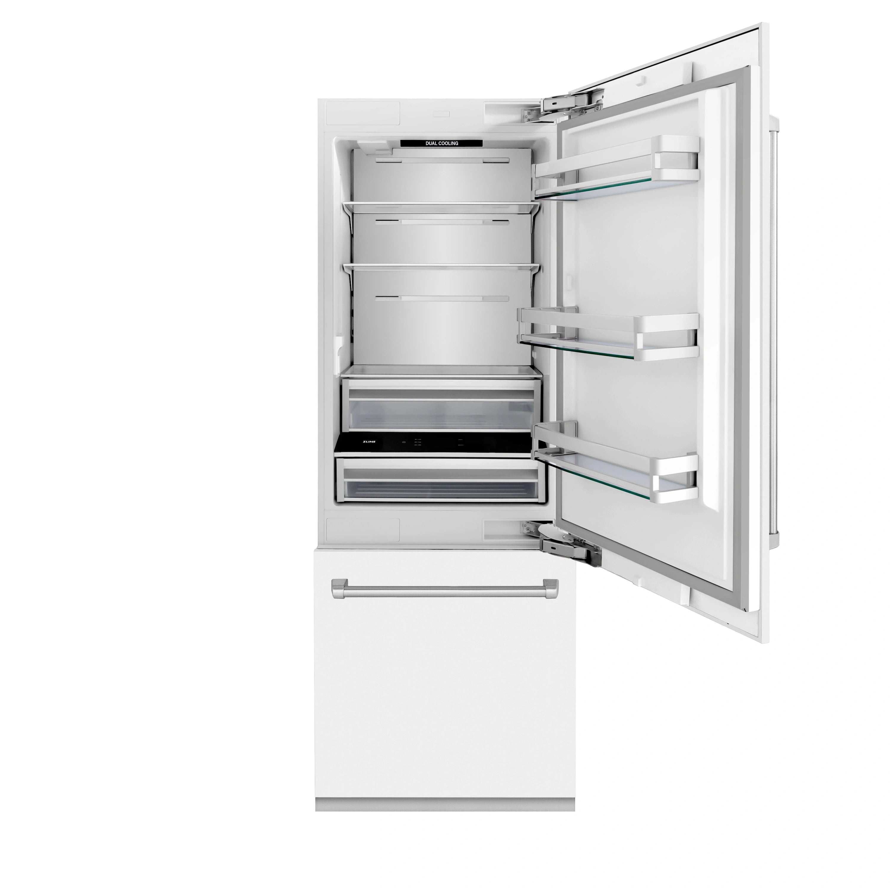 Built-in bottom freezer refrigerator with open doors, interior shelves, and drawers
