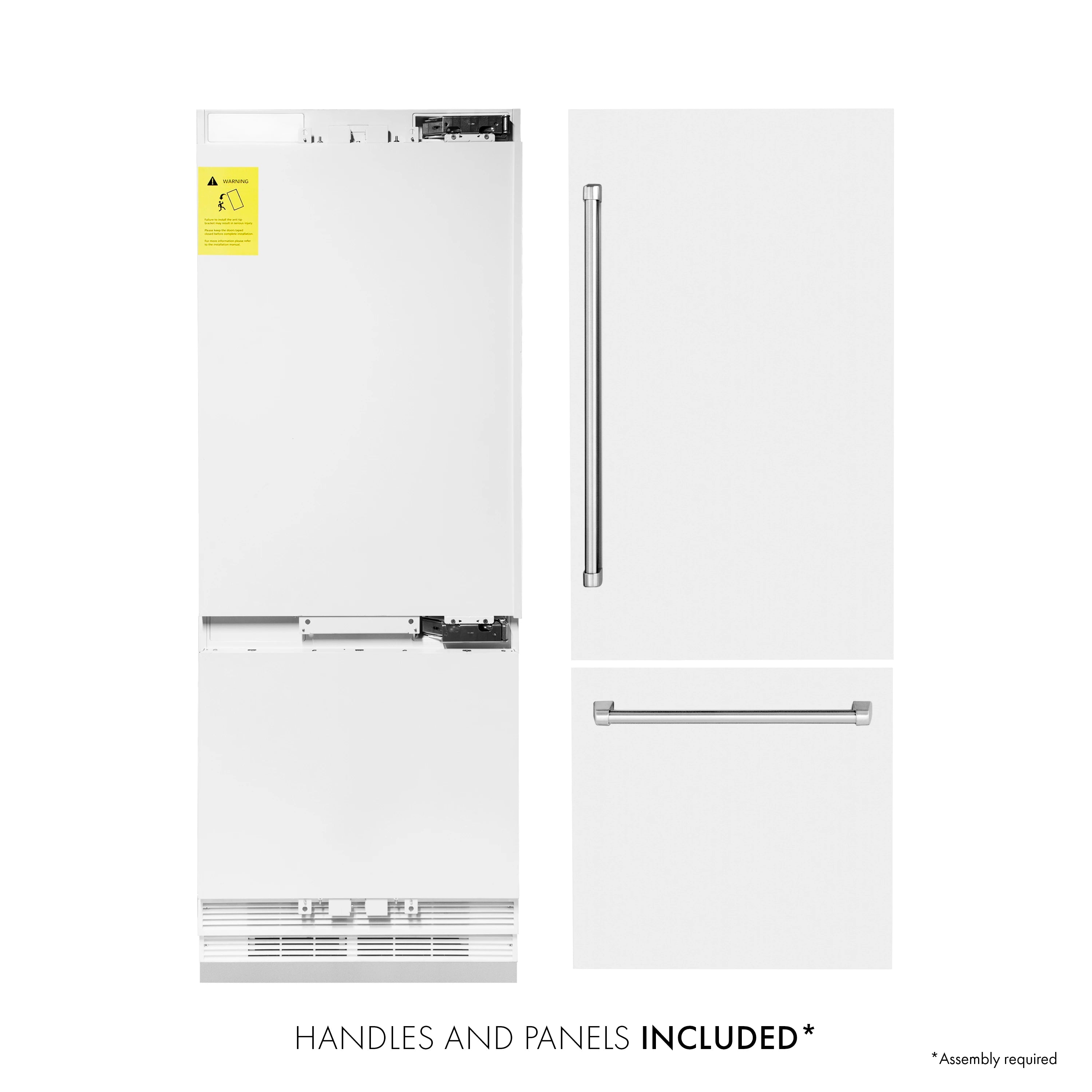 Bottom freezer refrigerator with open internal panel, showing mounting hardware and rails