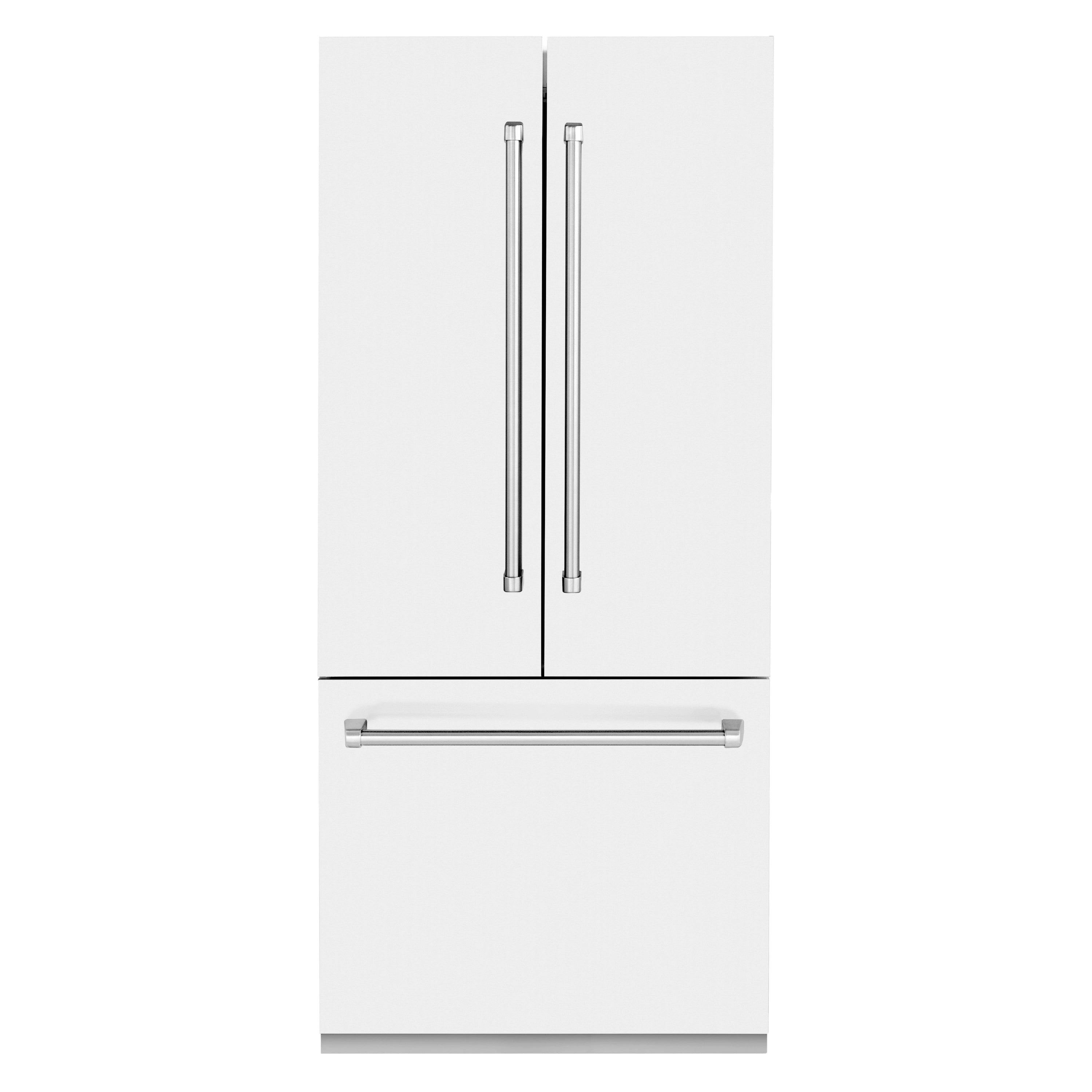 White matte French door refrigerator with two vertical stainless handle bars