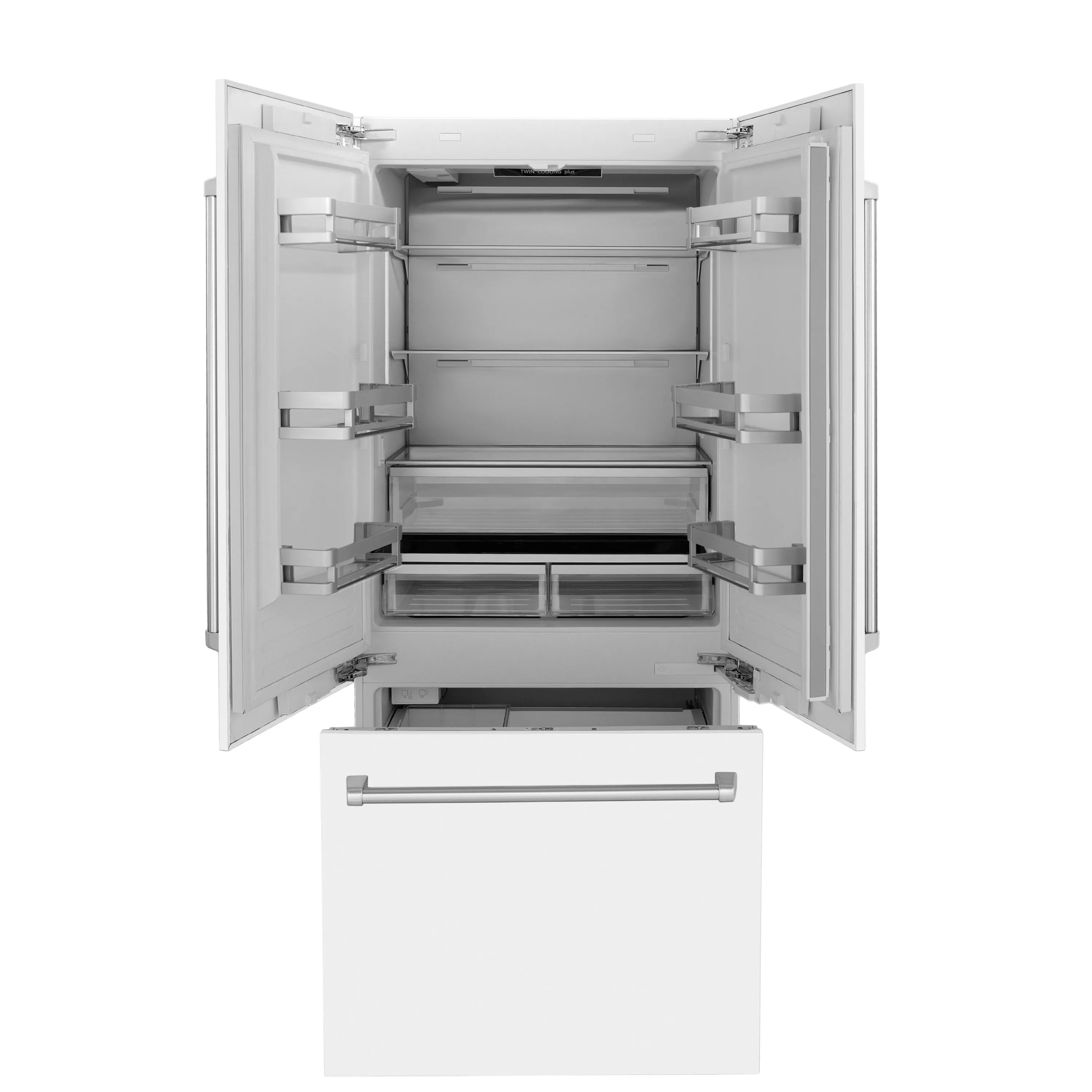 French door refrigerator with doors open, pull-out freezer drawer and shelves