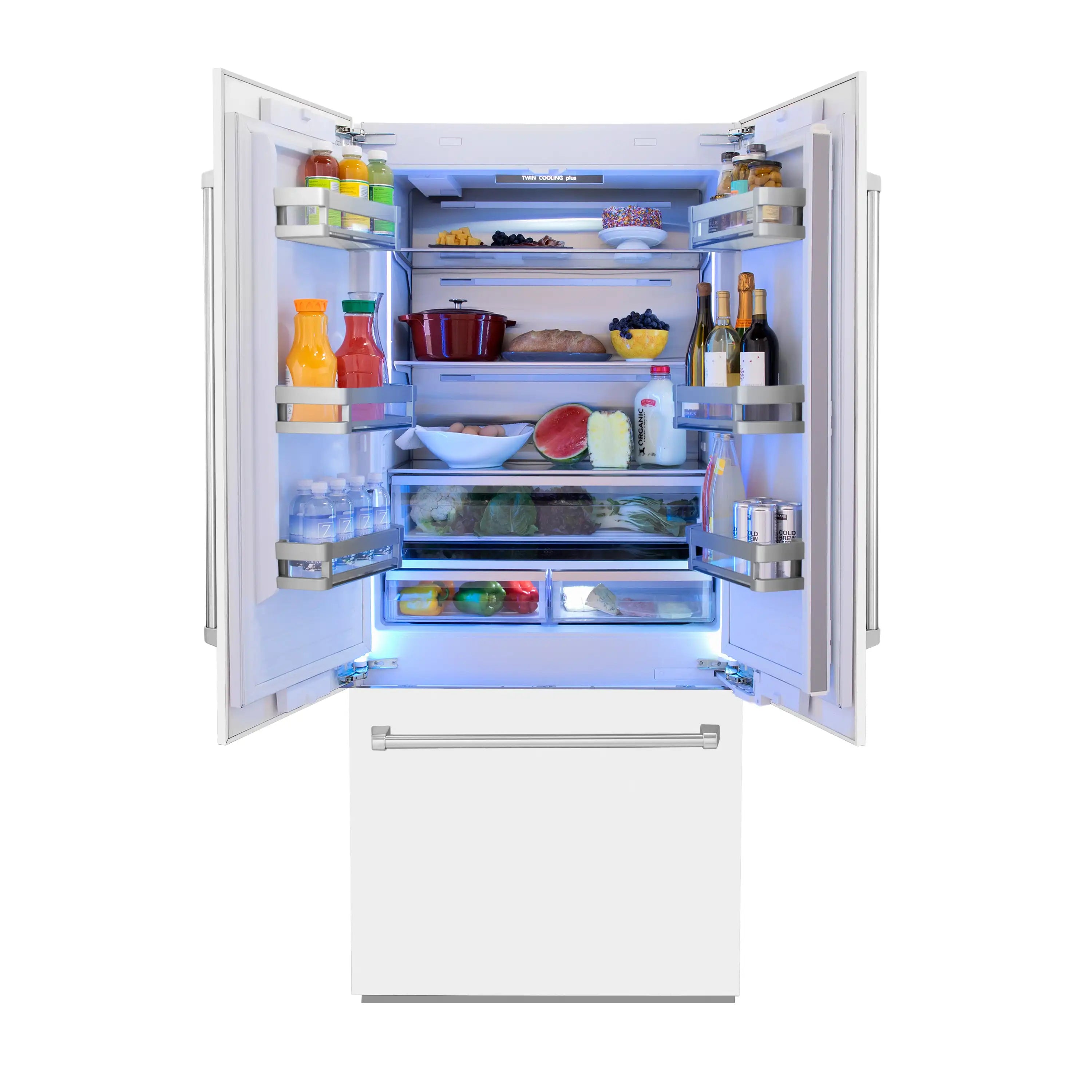 French door refrigerator interior with blue light, shelves, and door organizers