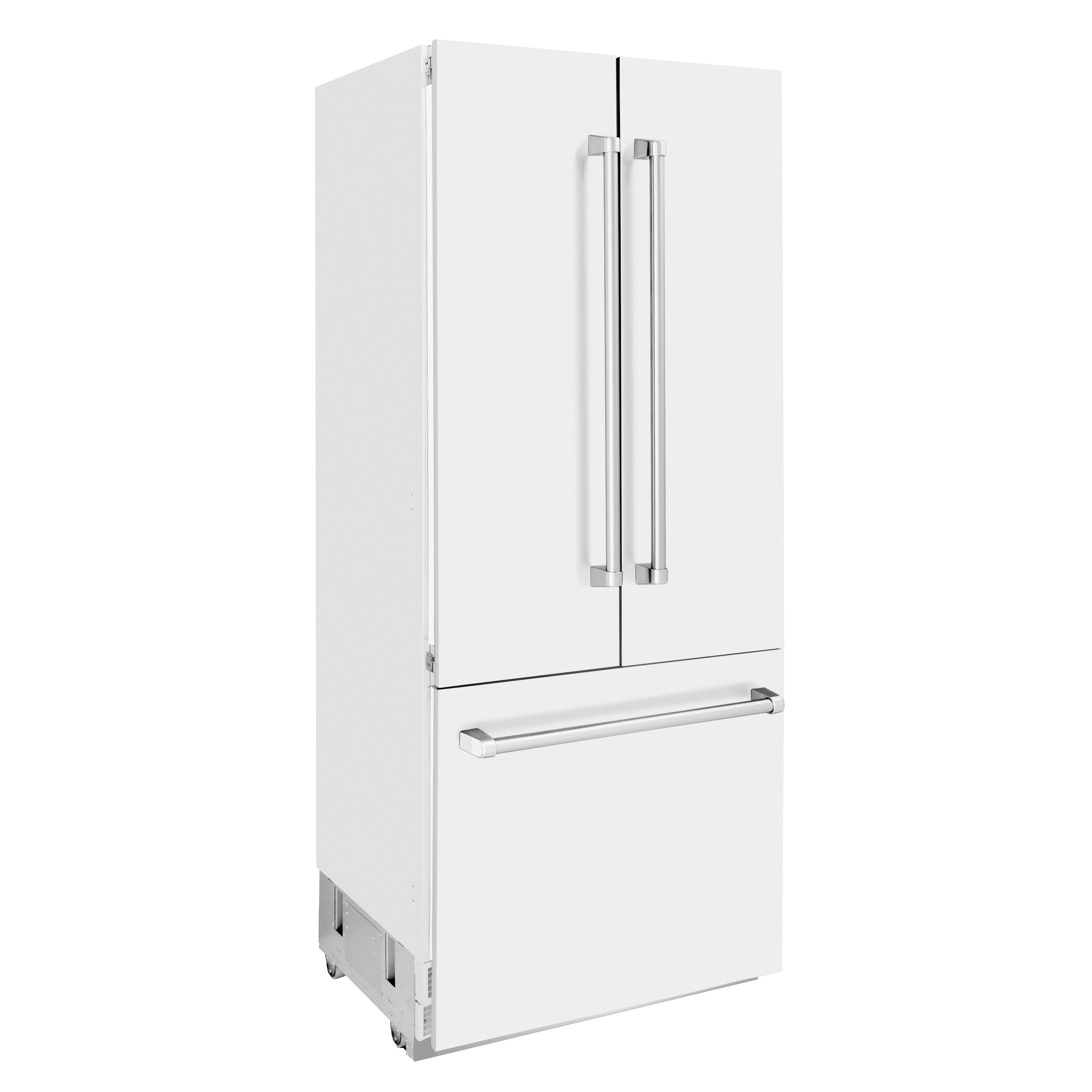 White matte French door refrigerator side view with recessed handles and lower drawer