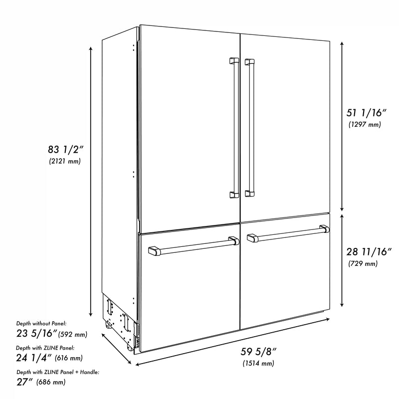 ZLINE 60-Inch 32.2 cu. ft. Built-In 4-Door French Door Refrigerator with Internal Water and Ice Dispenser in White Matte (RBIV-WM-60)