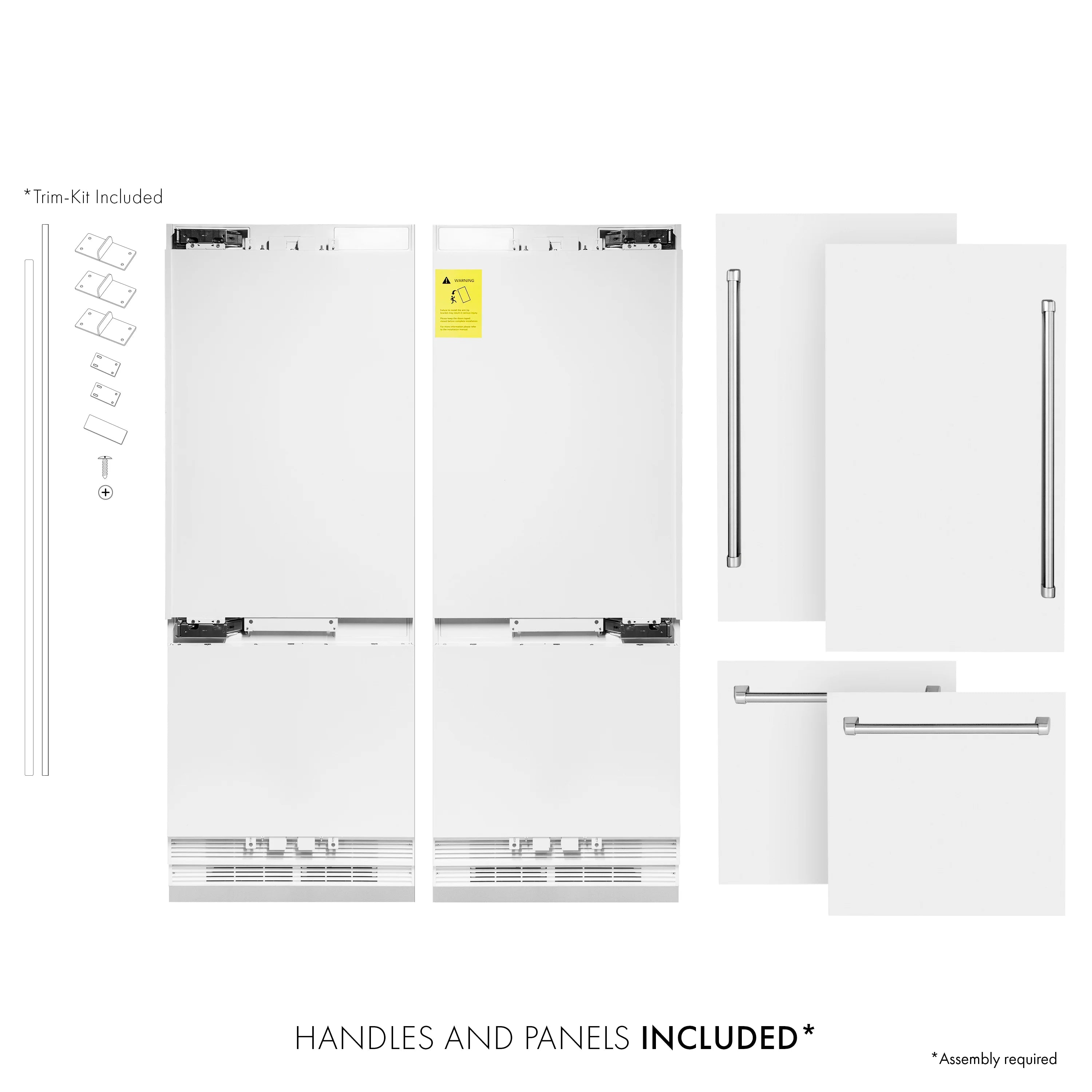 Refrigerator installation layout showing handles, doors, and included panels
