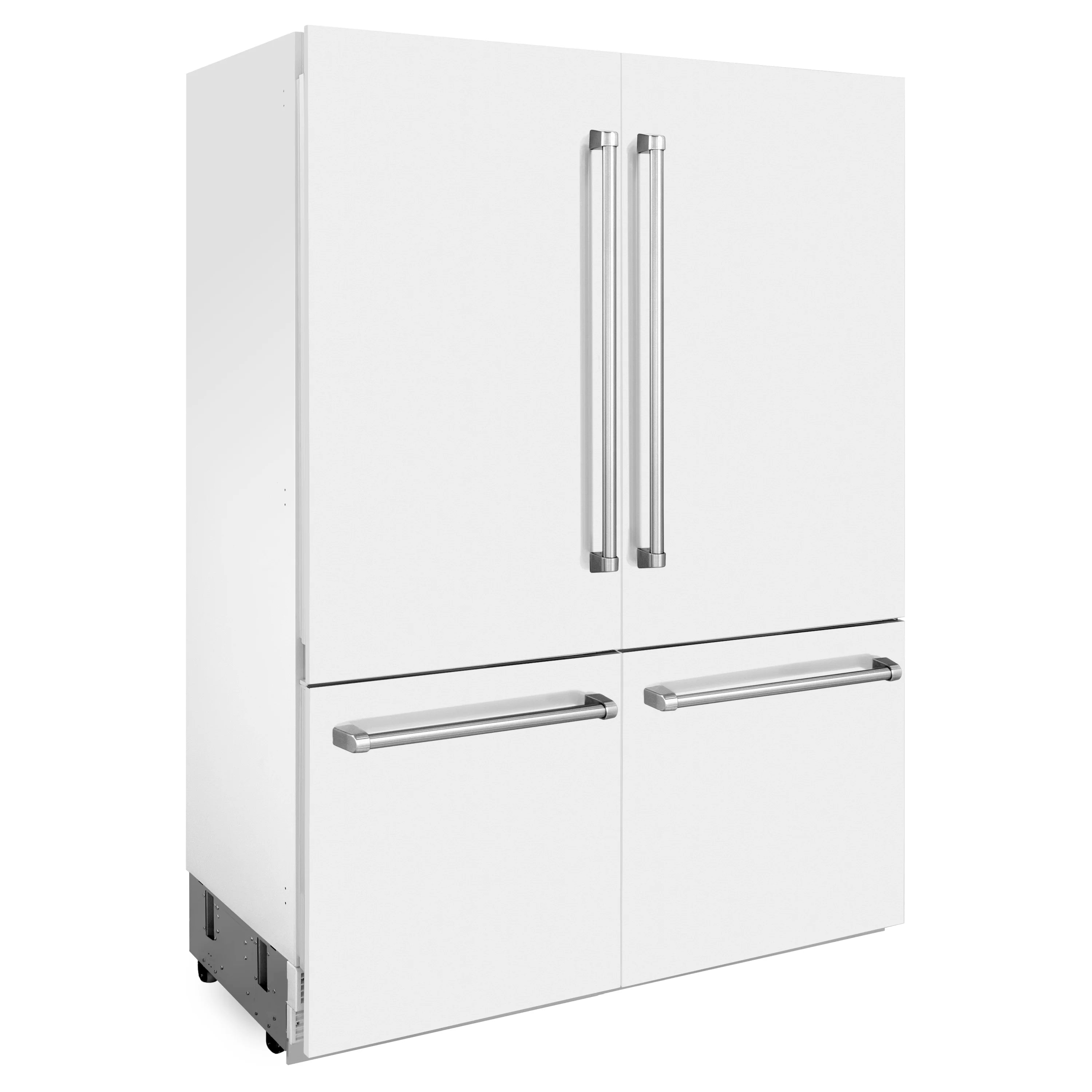 White built-in French door refrigerator front with vertical and horizontal handles