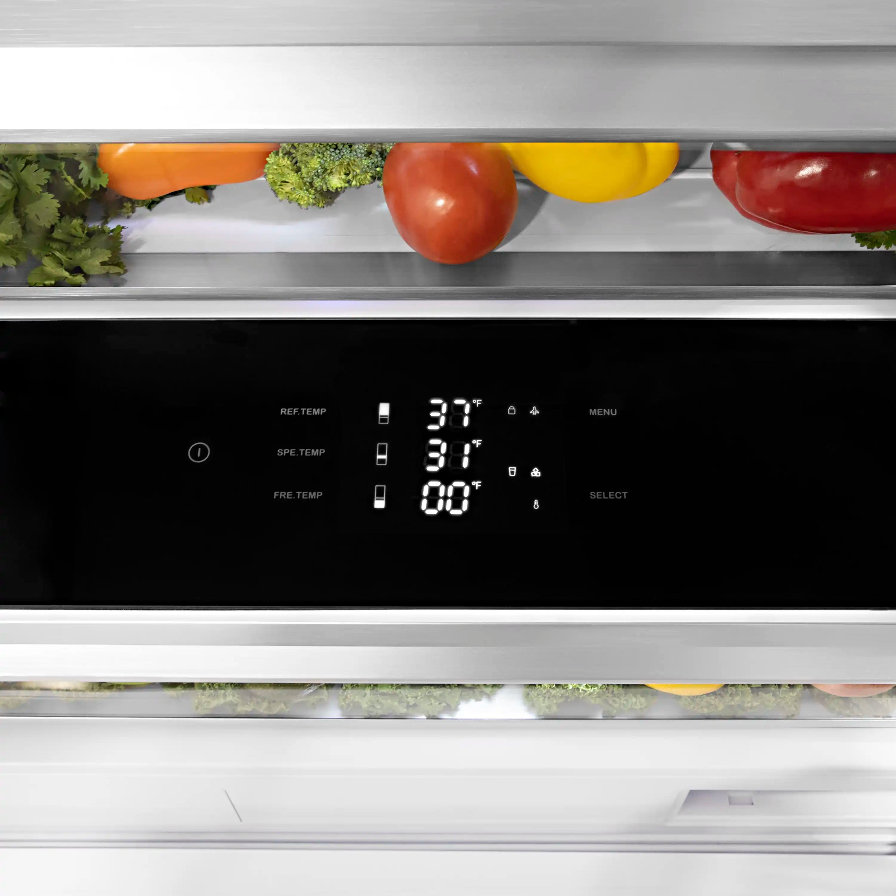 Bottom freezer control panel with digital display and buttons on white fridge