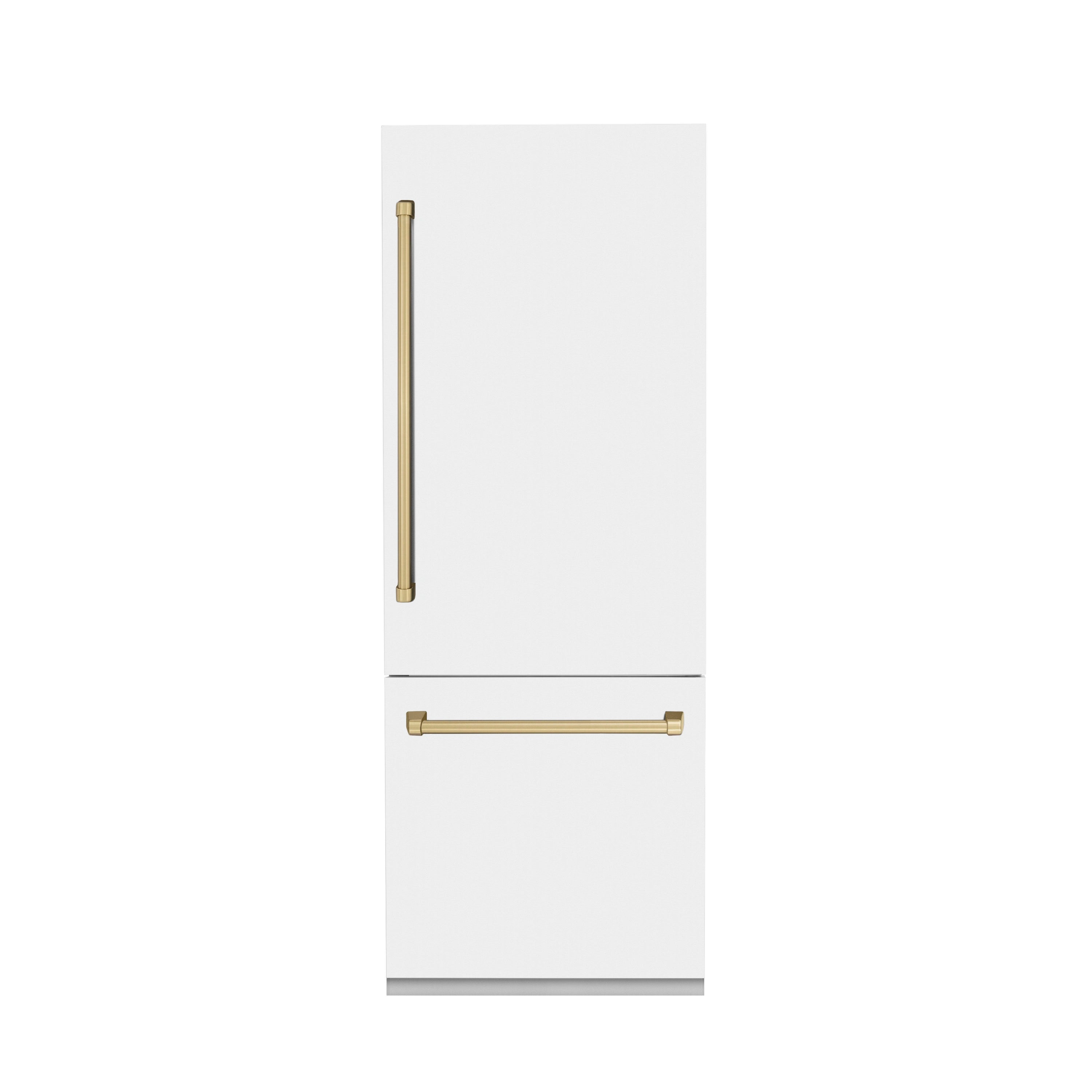 White matte bottom-freezer refrigerator with champagne bronze handles on two doors