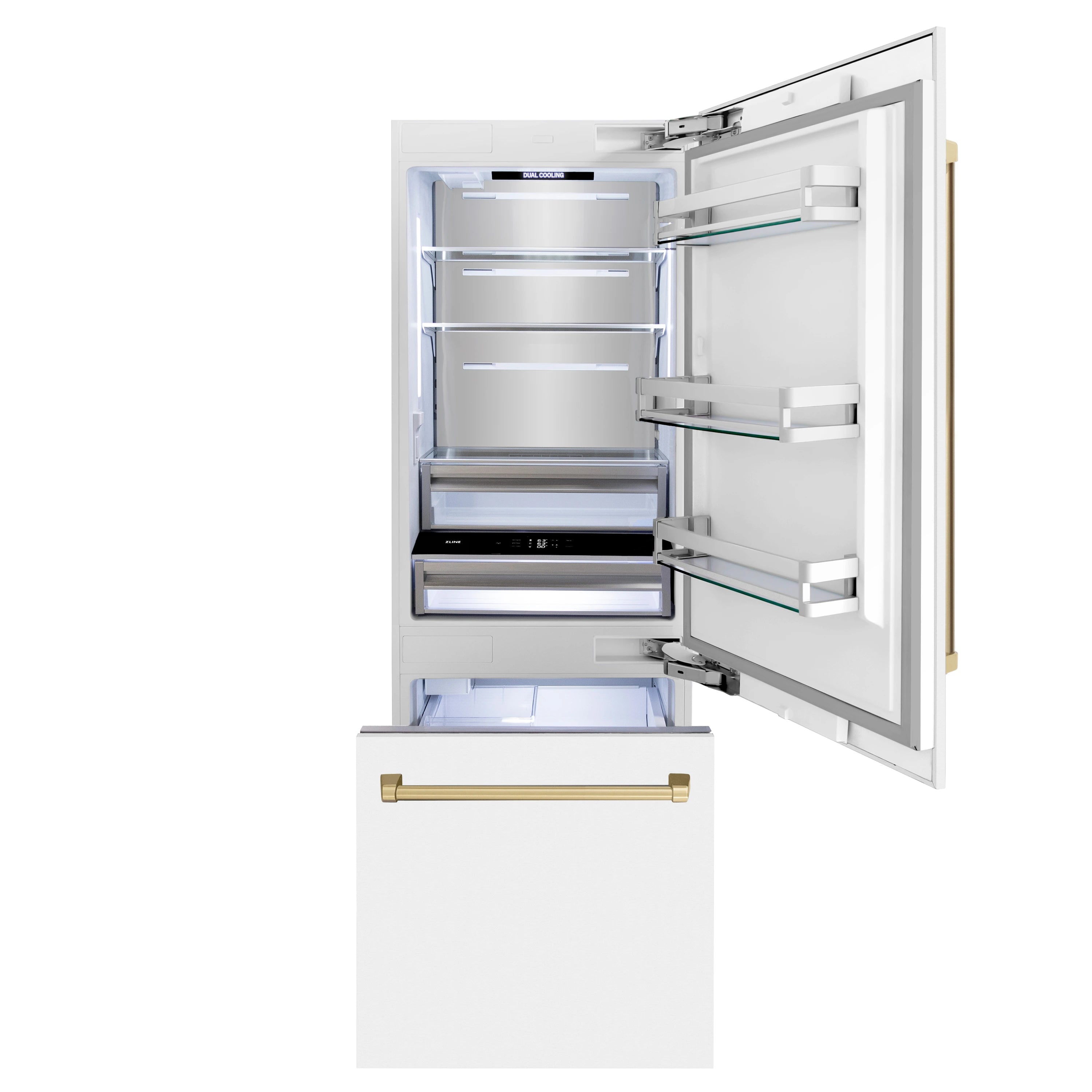 White matte bottom-freezer refrigerator with open door, refrigerator shelves, and freezer bins