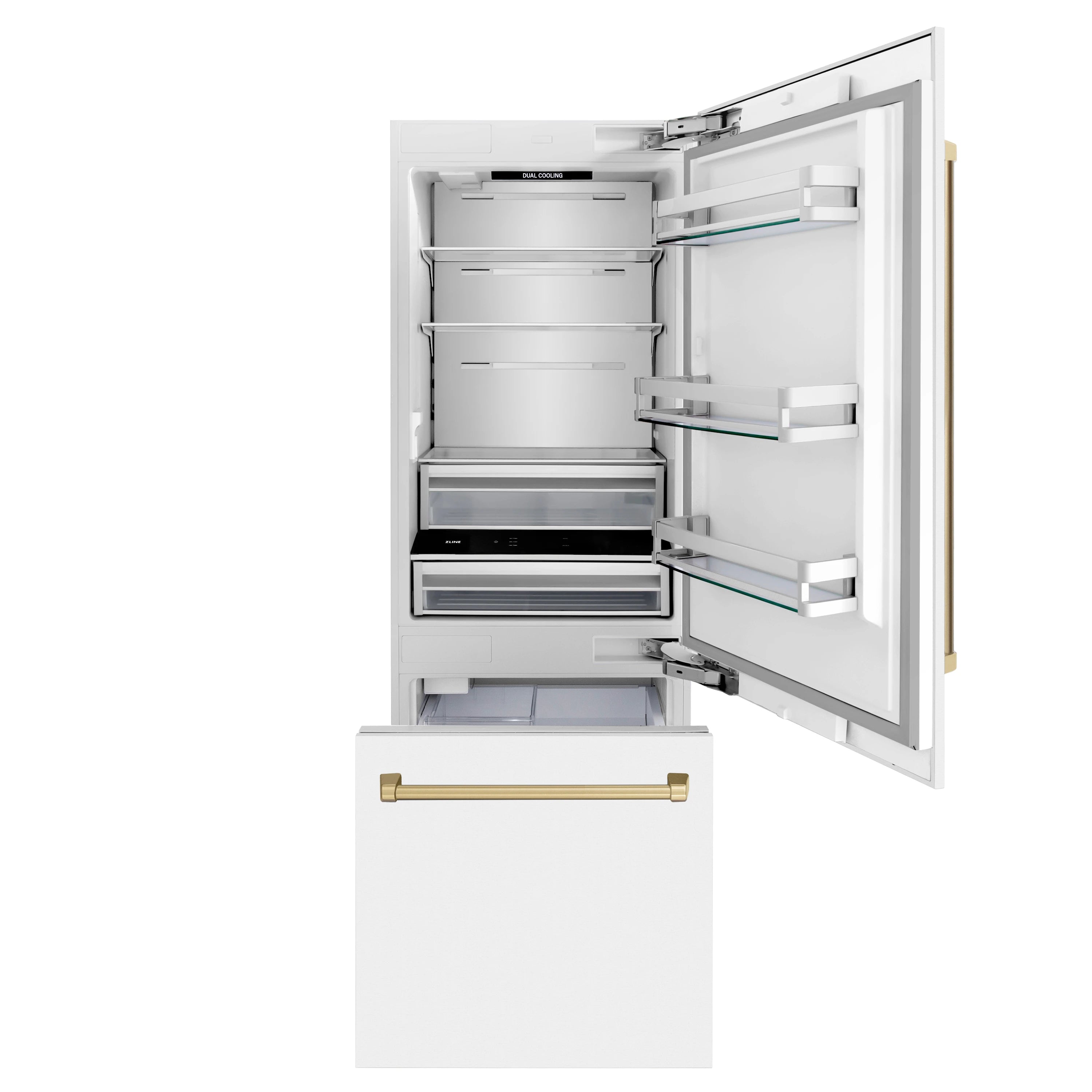 White matte bottom-freezer refrigerator with open door, glass shelves, and freezer drawer