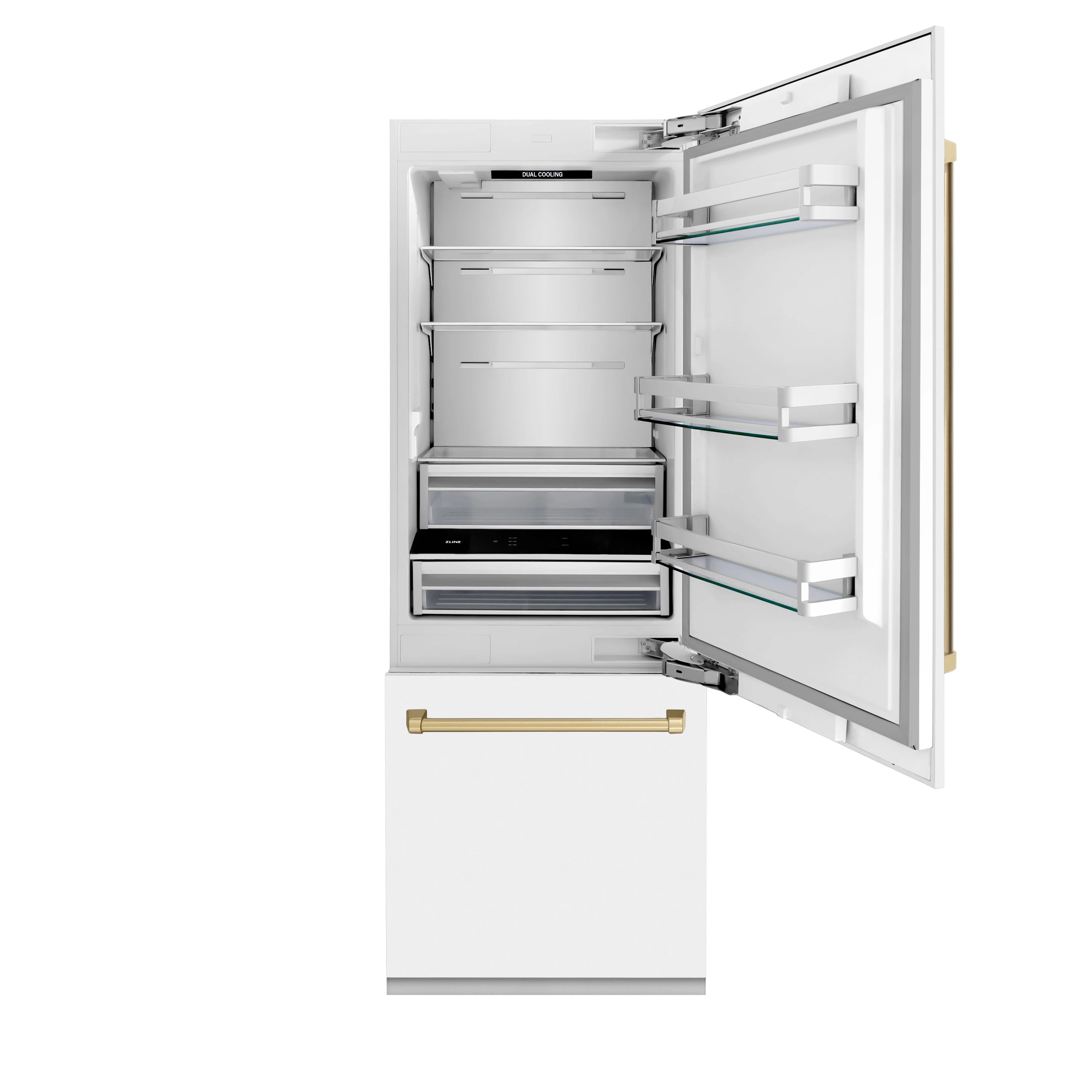 Open white bottom freezer refrigerator showing shelves, drawers, and interior controls