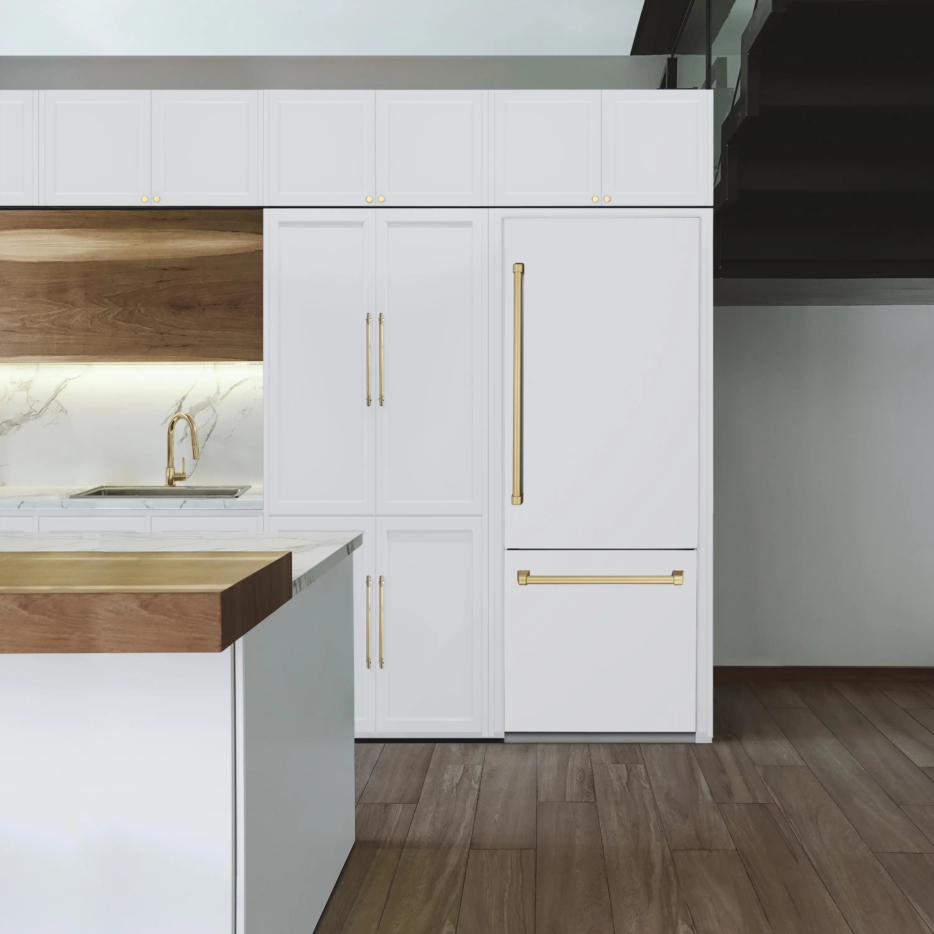 White matte bottom-freezer refrigerator with two doors and champagne bronze vertical handles