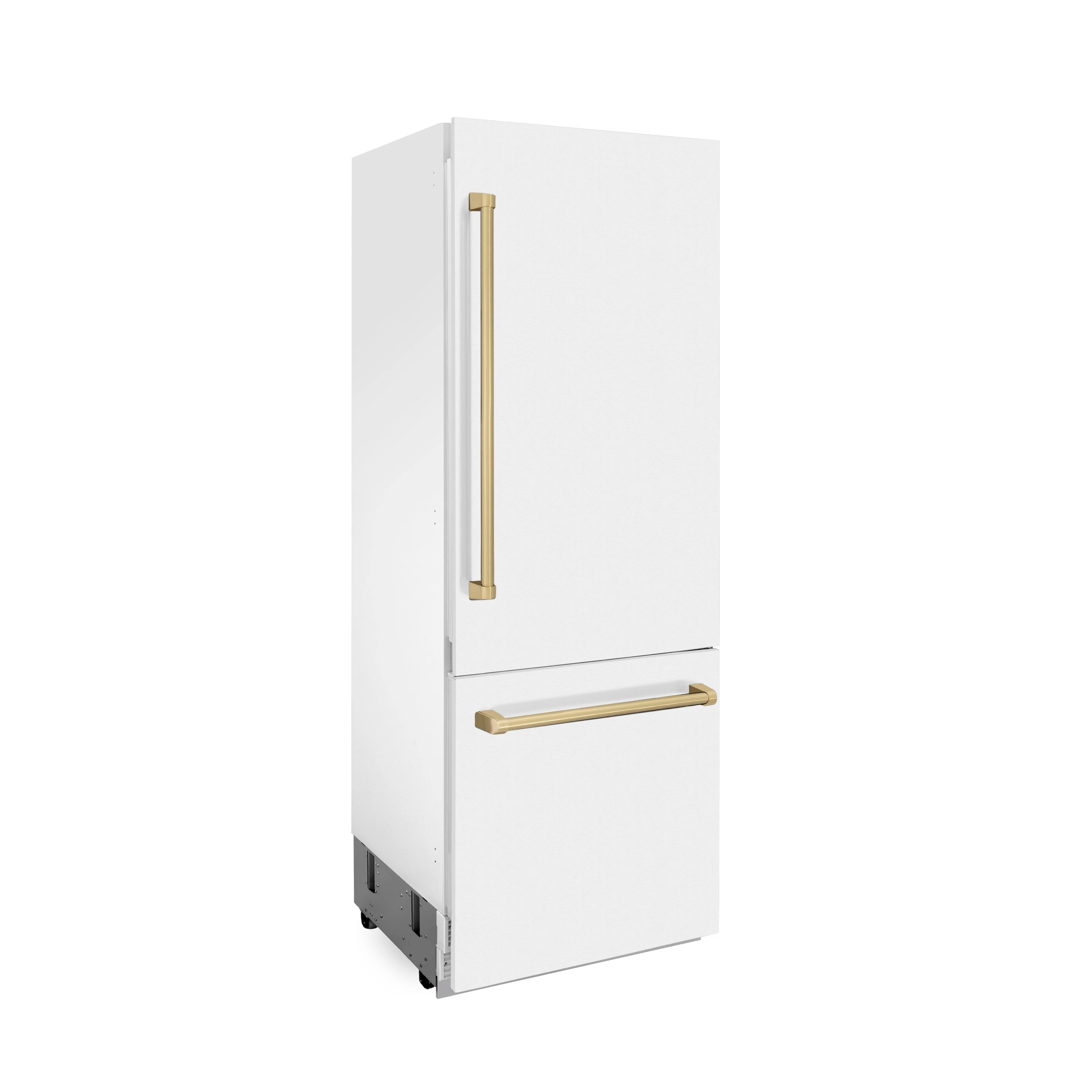 White bottom freezer refrigerator with champagne bronze vertical handle and bar handle