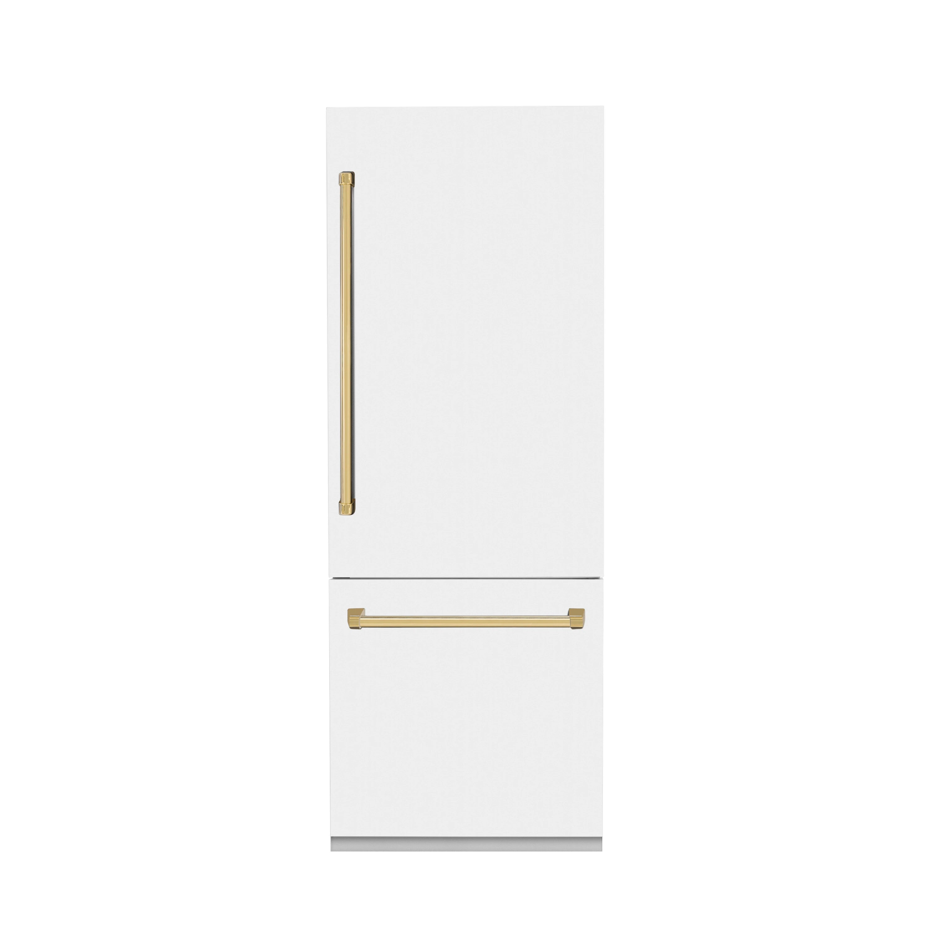 Two-door freezer handle and panel set in white with gold bar accents