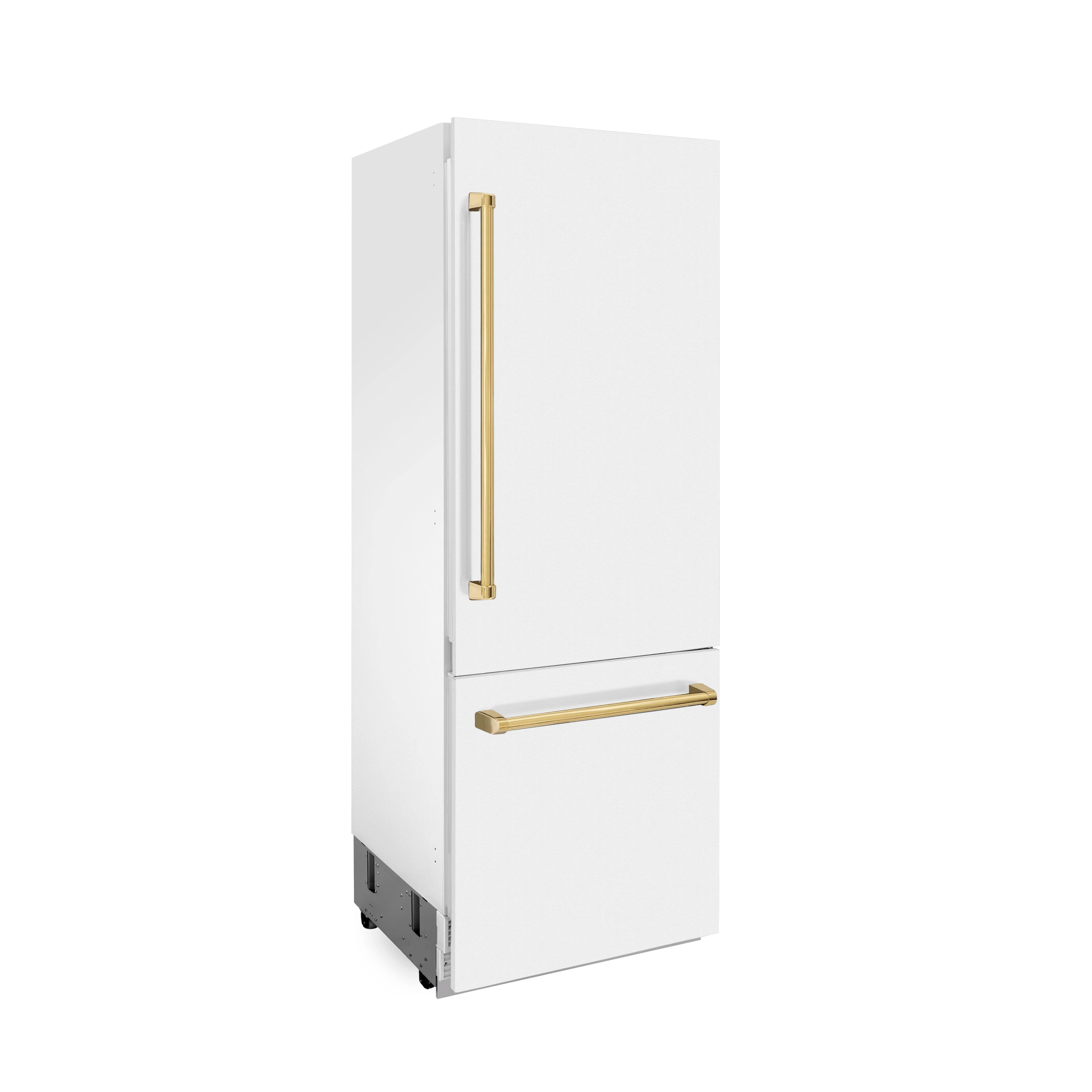 White matte bottom-freezer refrigerator with gold vertical handle and pull-out drawer