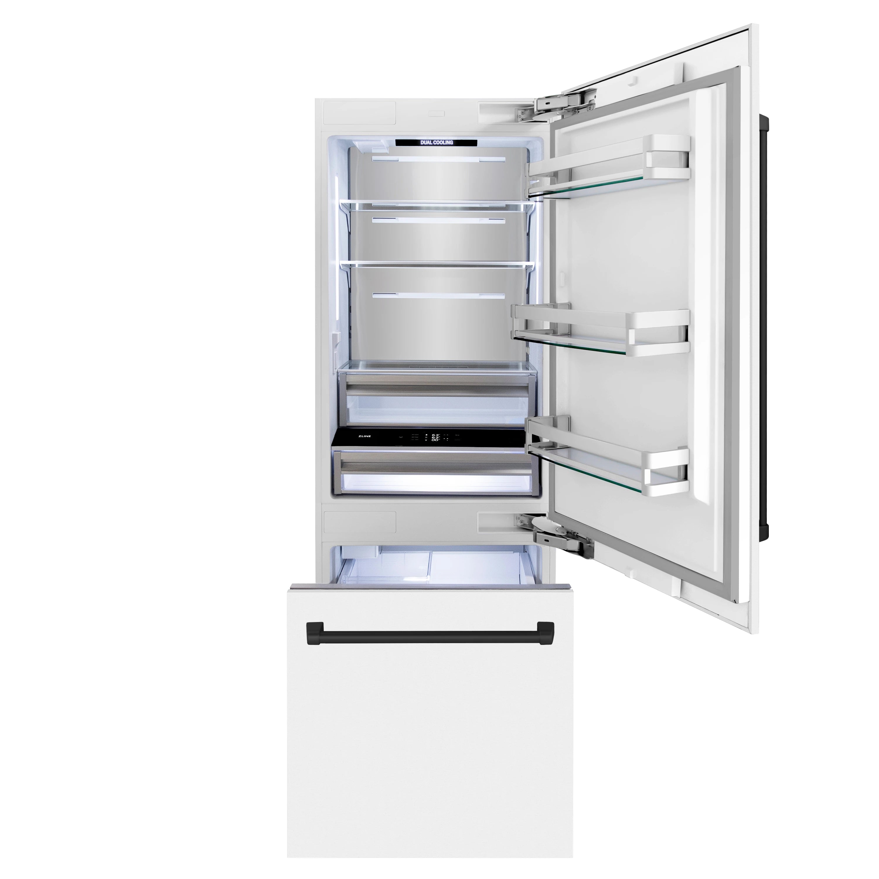 Open bottom freezer refrigerator with interior shelves, bins, and pull-out drawer