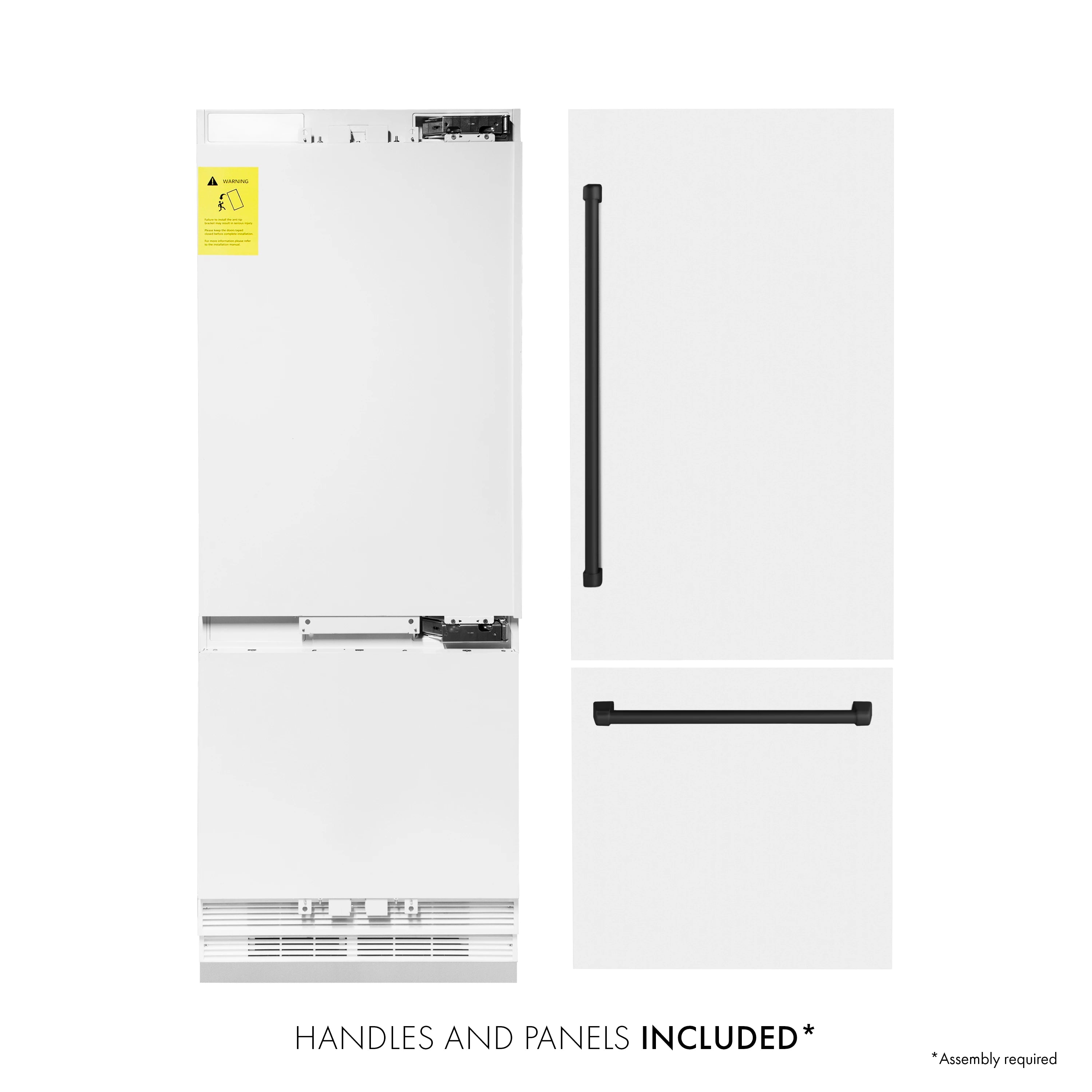 White bottom freezer refrigerator front showing matte black handles and included panels