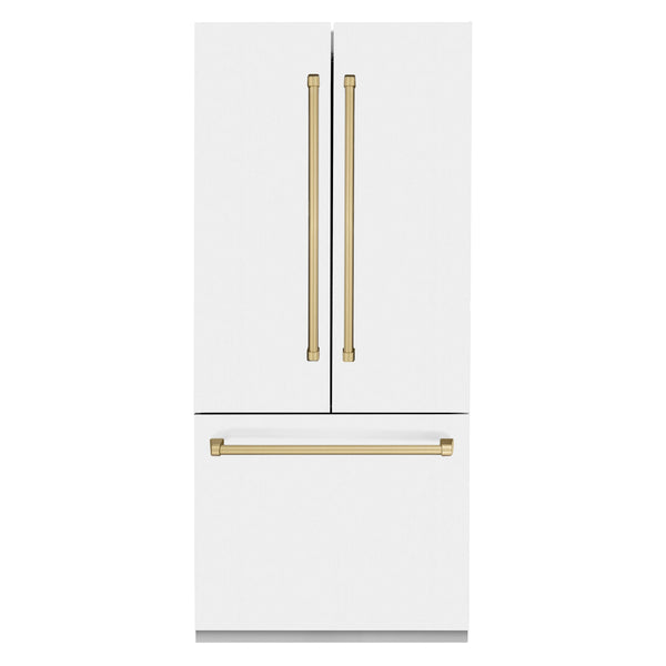 ZLINE 36-Inch Autograph Edition 19.6 cu. ft. Built-in 2-Door Bottom Freezer Refrigerator with Internal Water and Ice Dispenser in White Matte with Champagne Bronze Accents (RBIVZ-WM-36-CB)