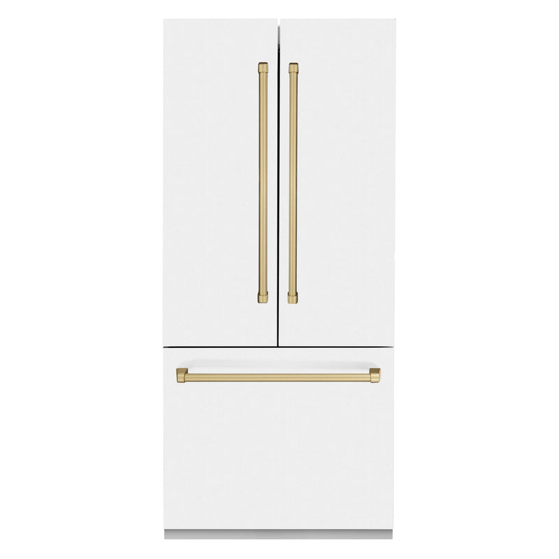 ZLINE 36-Inch Autograph Edition 19.6 cu. ft. Built-in 2-Door Bottom Freezer Refrigerator with Internal Water and Ice Dispenser in White Matte with Champagne Bronze Accents (RBIVZ-WM-36-CB)