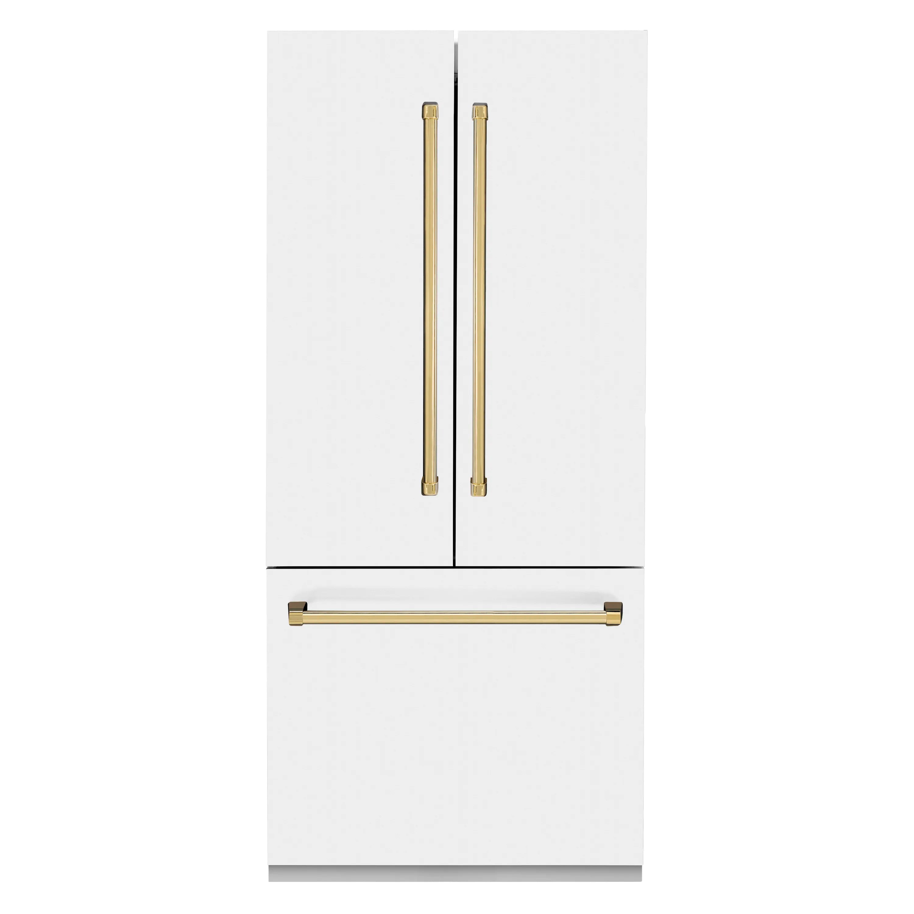 White refrigerator front with two gold vertical door handles and a gold bottom bar