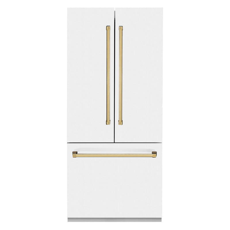 ZLINE 36-Inch Autograph Edition 19.6 cu. ft. Built-in 2-Door Bottom Freezer Refrigerator with Internal Water and Ice Dispenser in White Matte with Gold Accents (RBIVZ-WM-36-G)