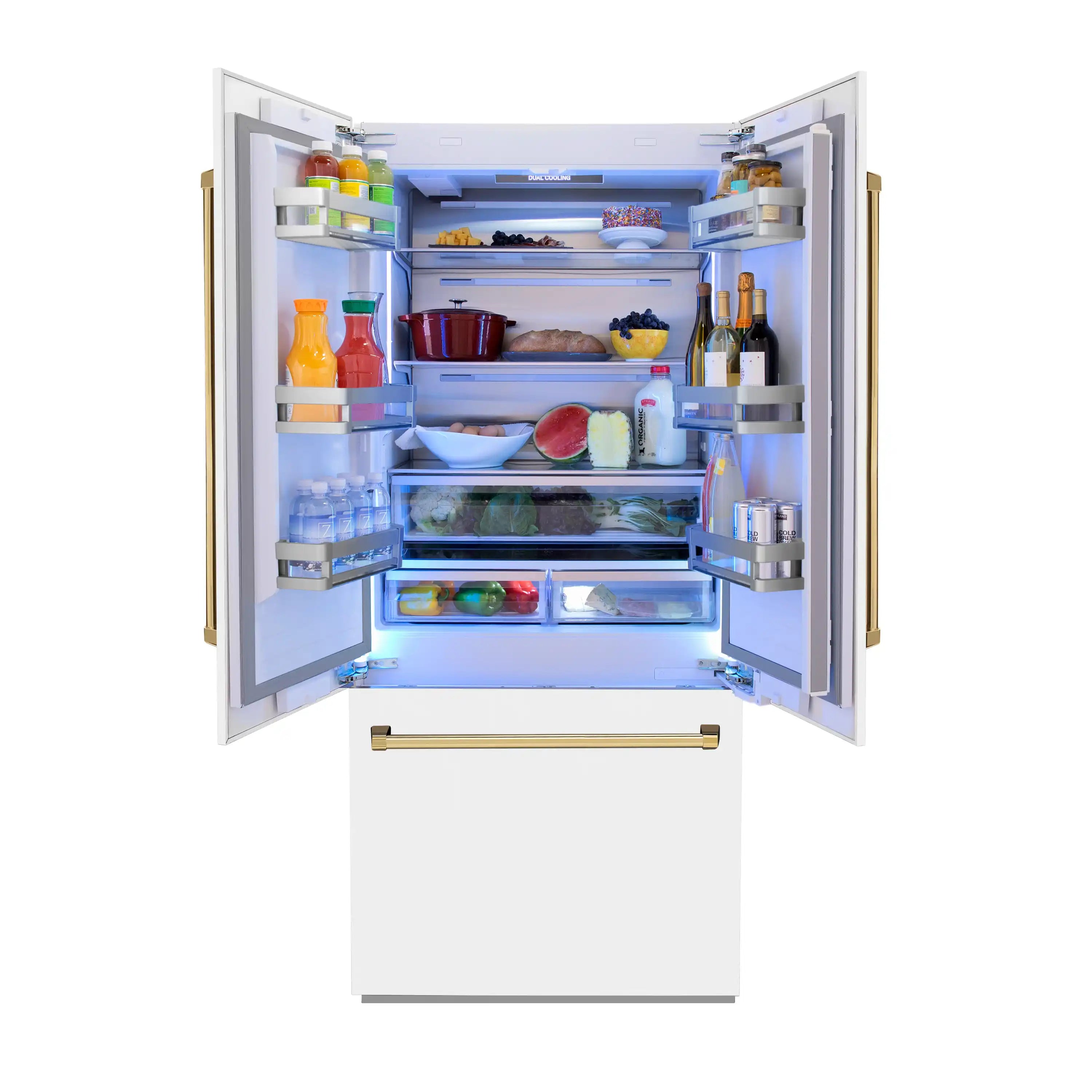 Bottom freezer refrigerator with white matte doors open, lit interior shelves with food items.