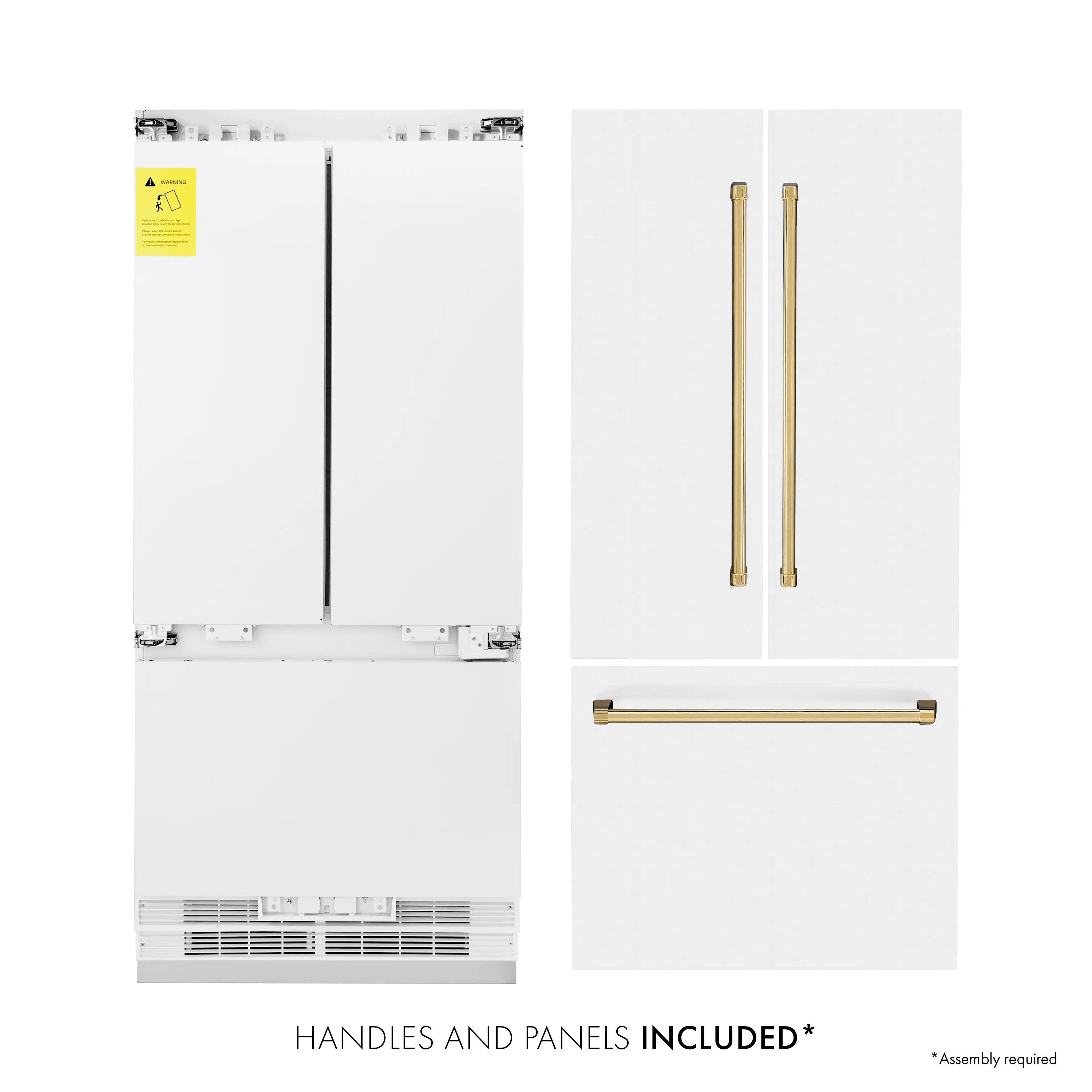 White refrigerator showing included gold handles and panel parts layout