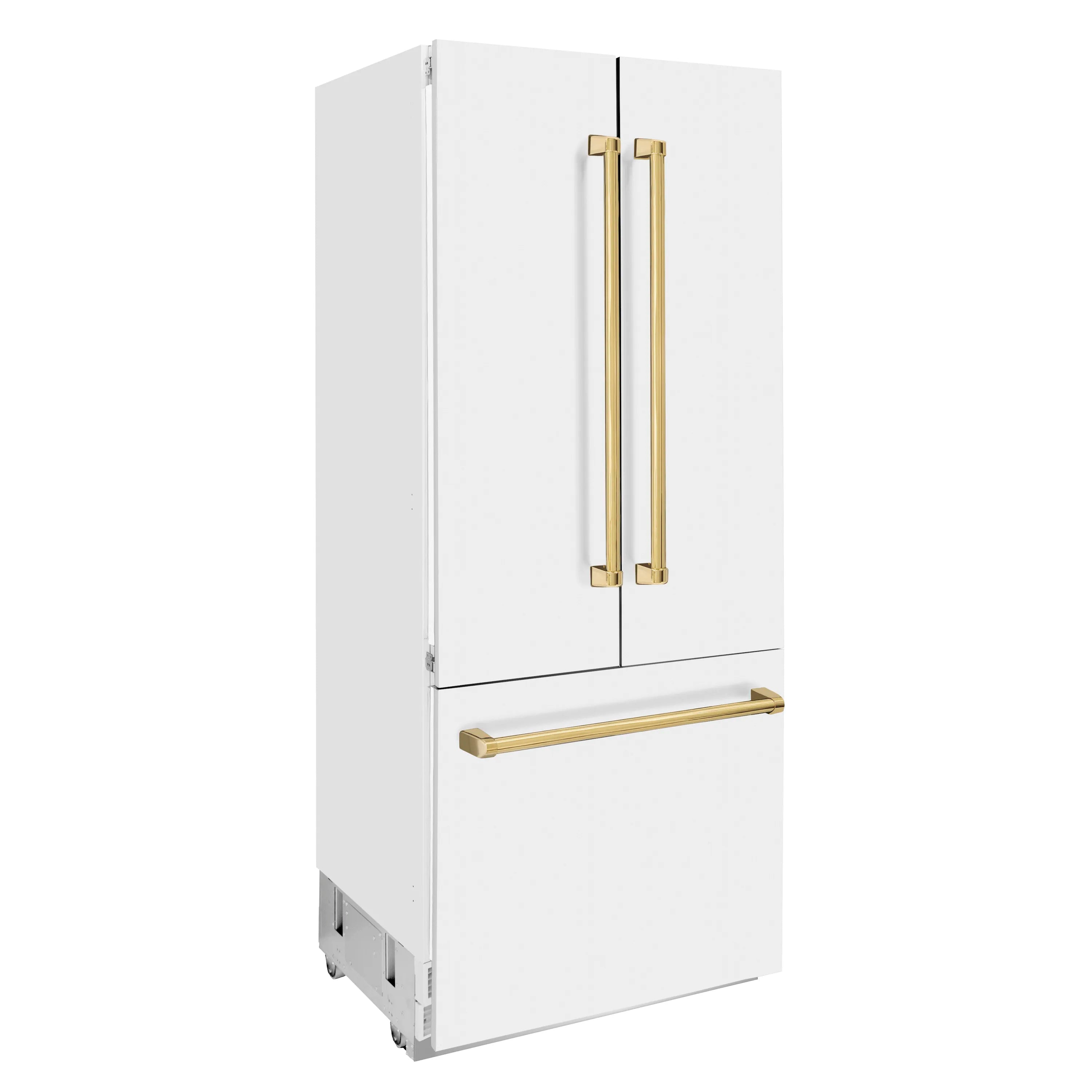 White bottom-freezer refrigerator with two gold vertical handles and gold drawer bar