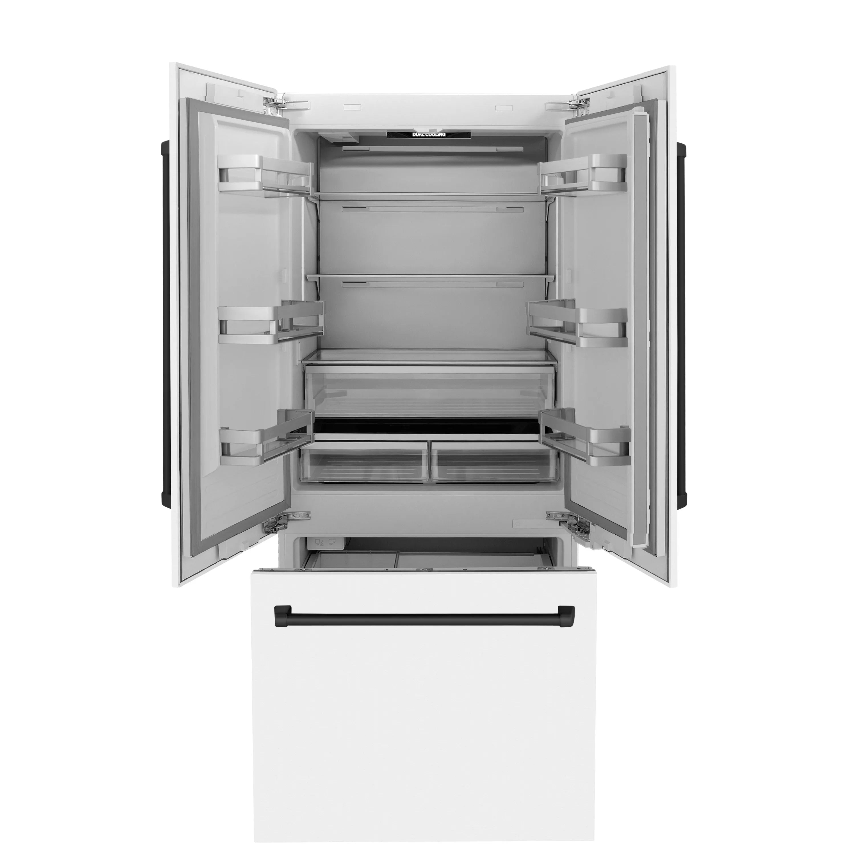Bottom freezer refrigerator with two open doors and empty interior shelves, white with black accents