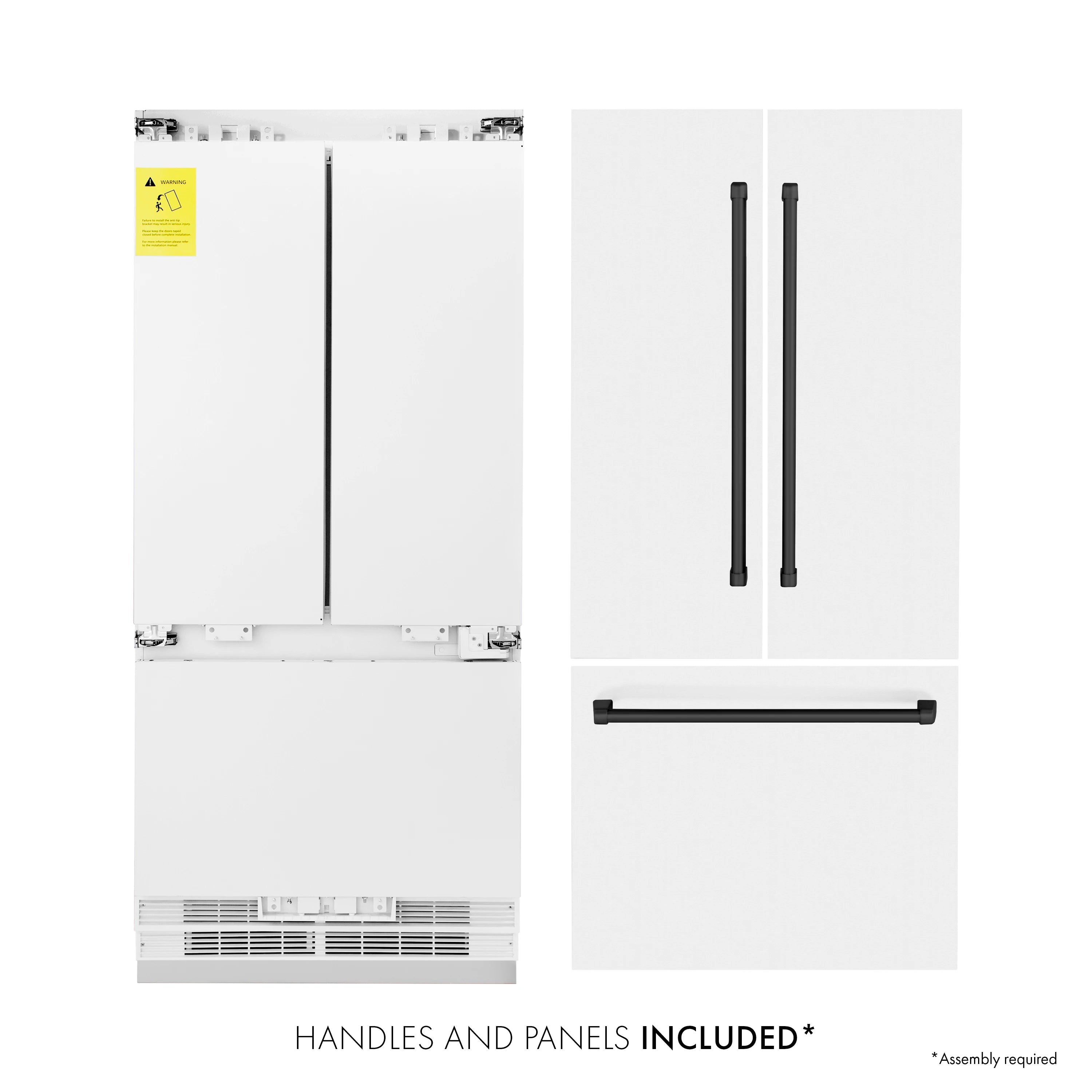 Refrigerator interior with included handle bars and panels shown on a white unit