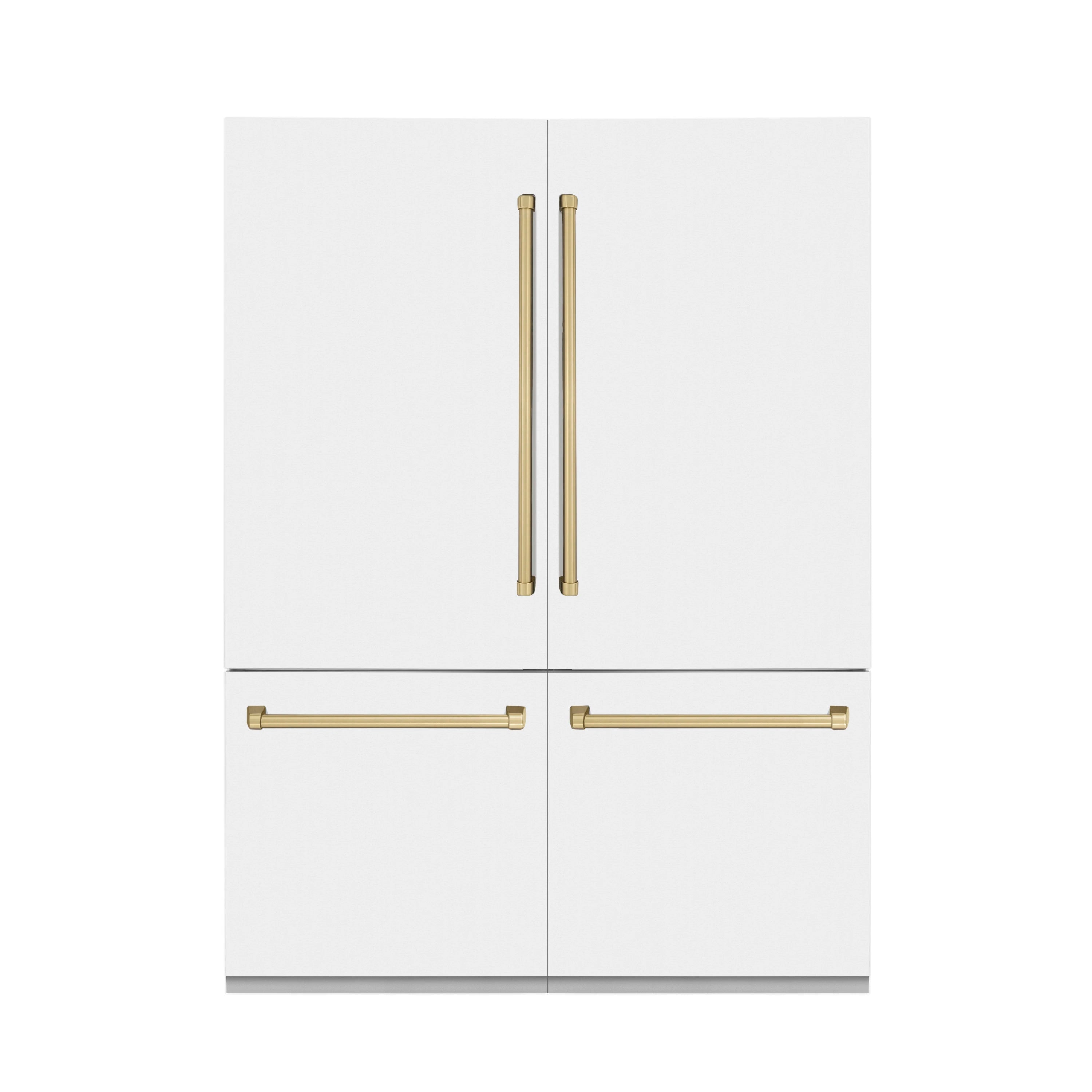 White refrigerator front with champagne bronze vertical handles and two bottom horizontal handles