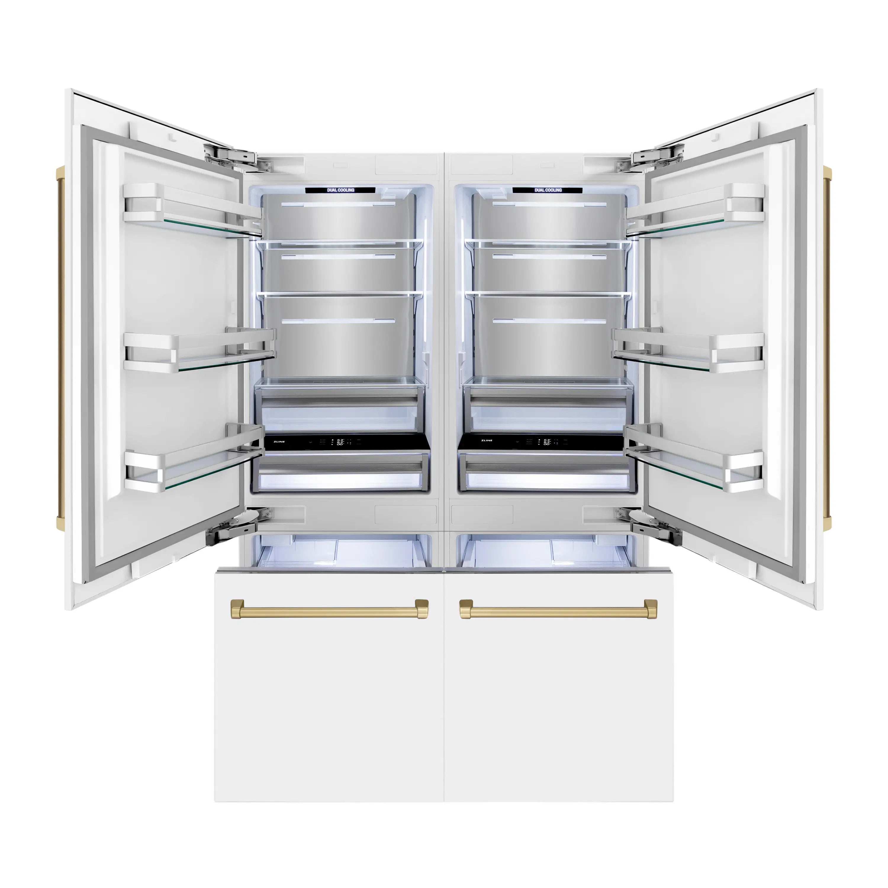 White French door refrigerator with internal shelves and two bottom drawers, doors open