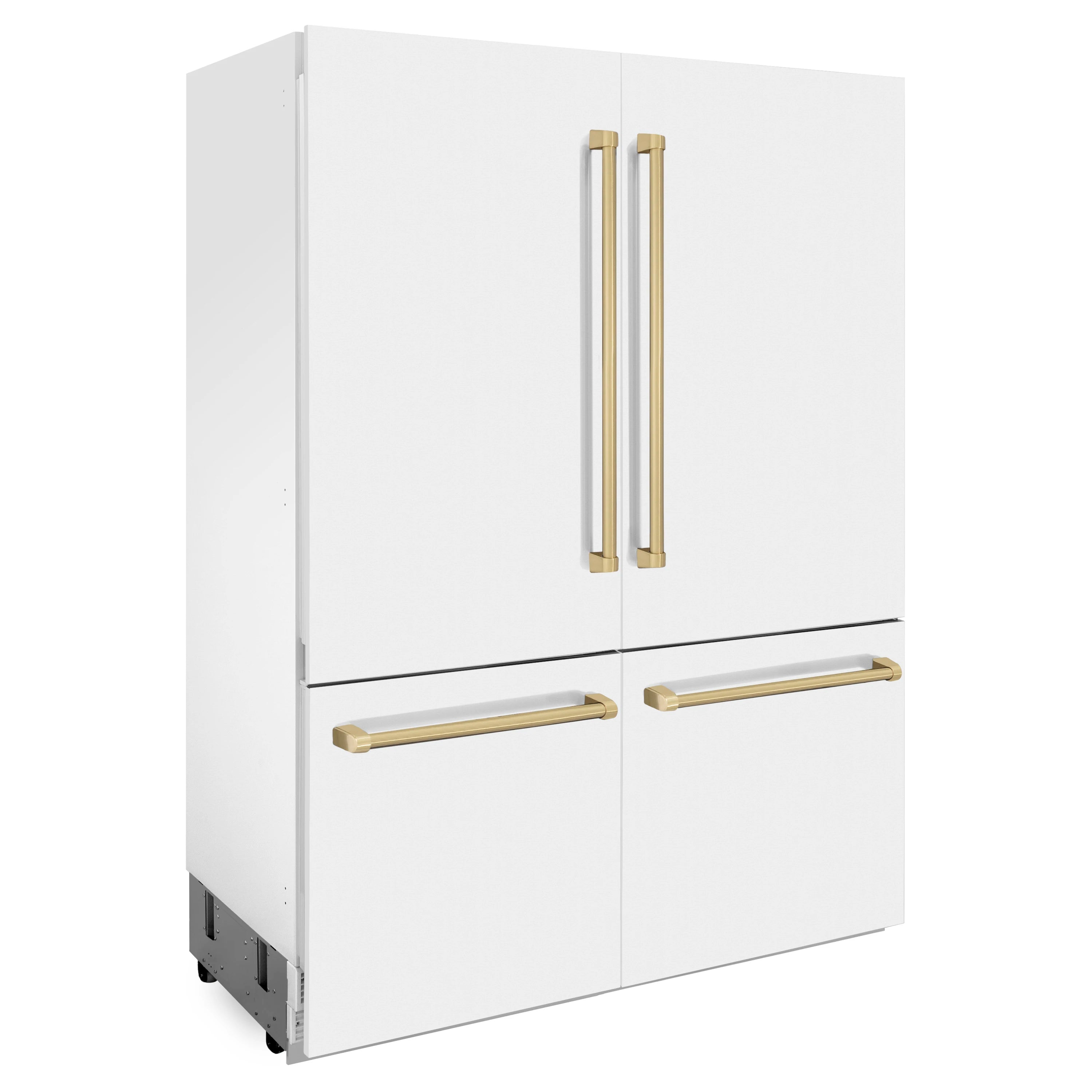 White 4-door French door refrigerator front with champagne bronze bar handles
