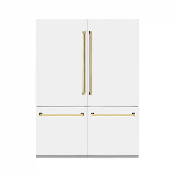 ZLINE 60-Inch Autograph Edition 32.2 cu. ft. Built-in 4-Door French Door Refrigerator with Internal Water and Ice Dispenser in White Matte with Gold Accents (RBIVZ-WM-60-G)