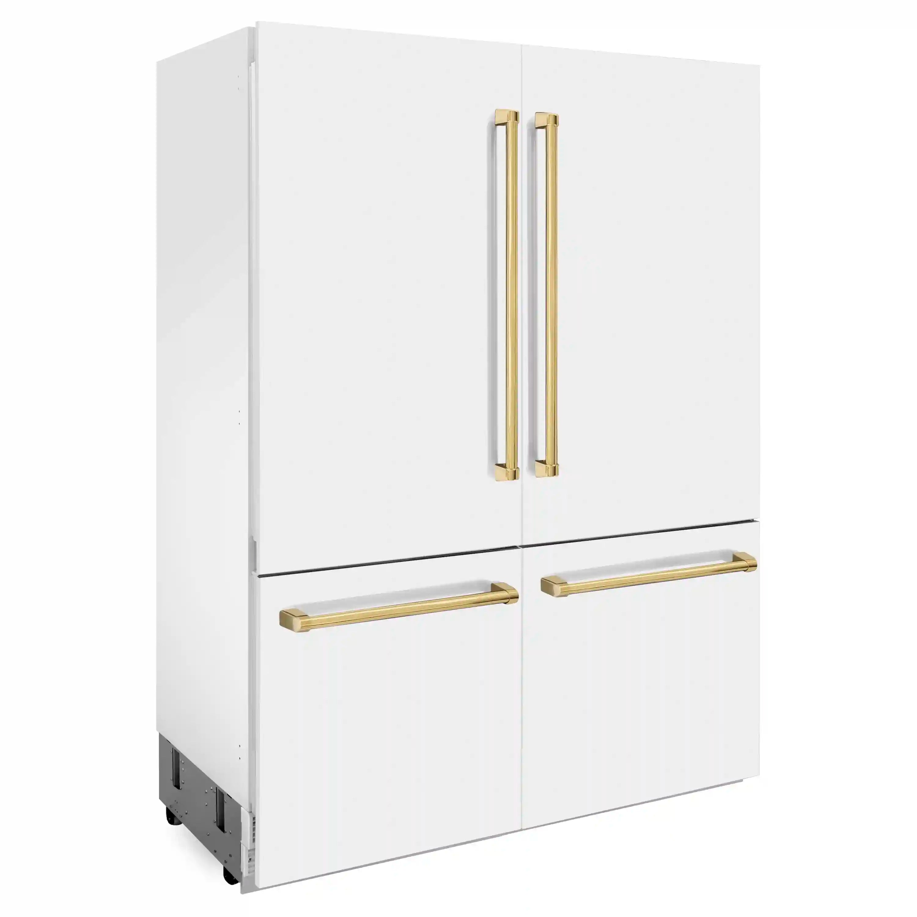 White French-door refrigerator with gold bar handles and lower drawer doors