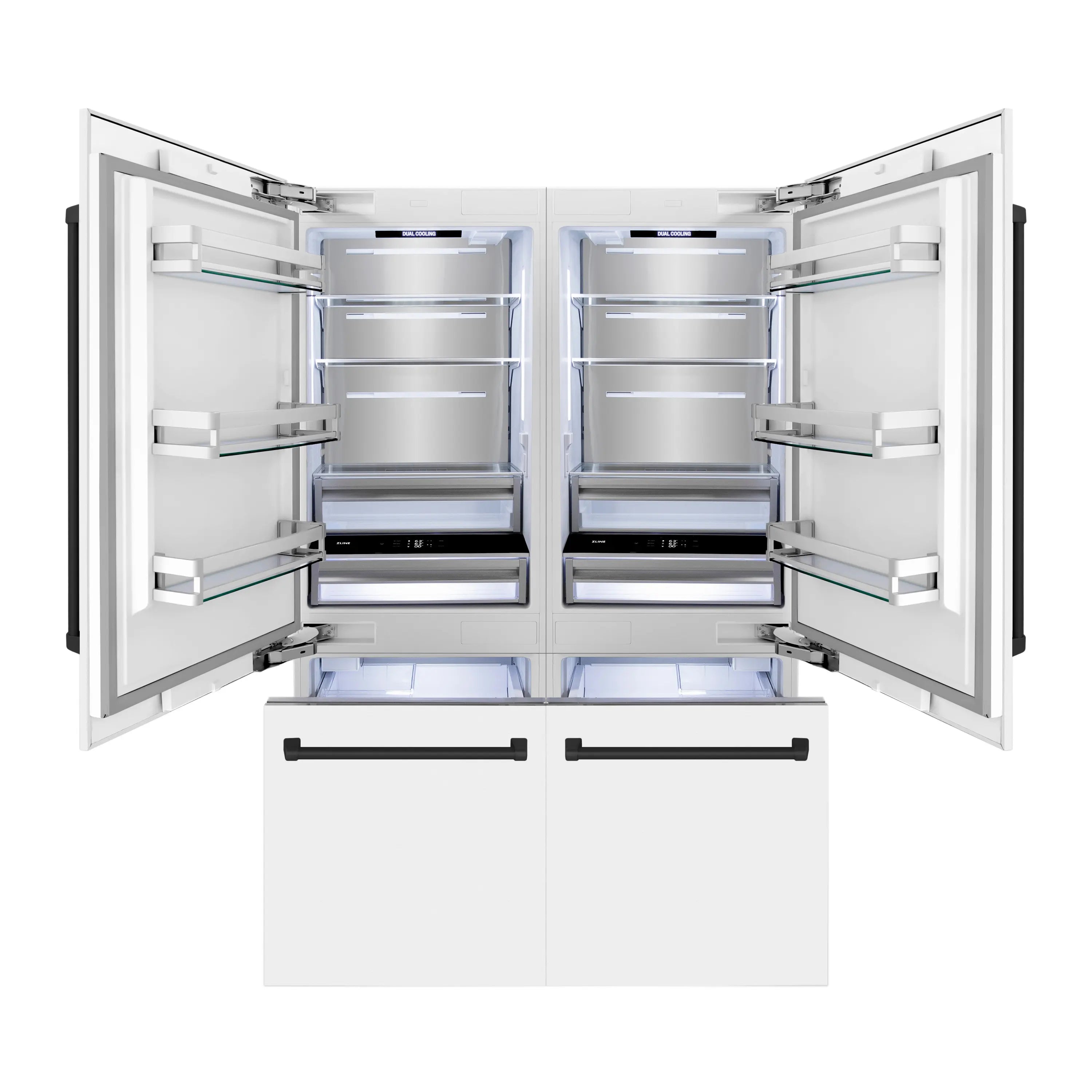 French door refrigerator opened to show shelves, fresh compartments, and bottom bins